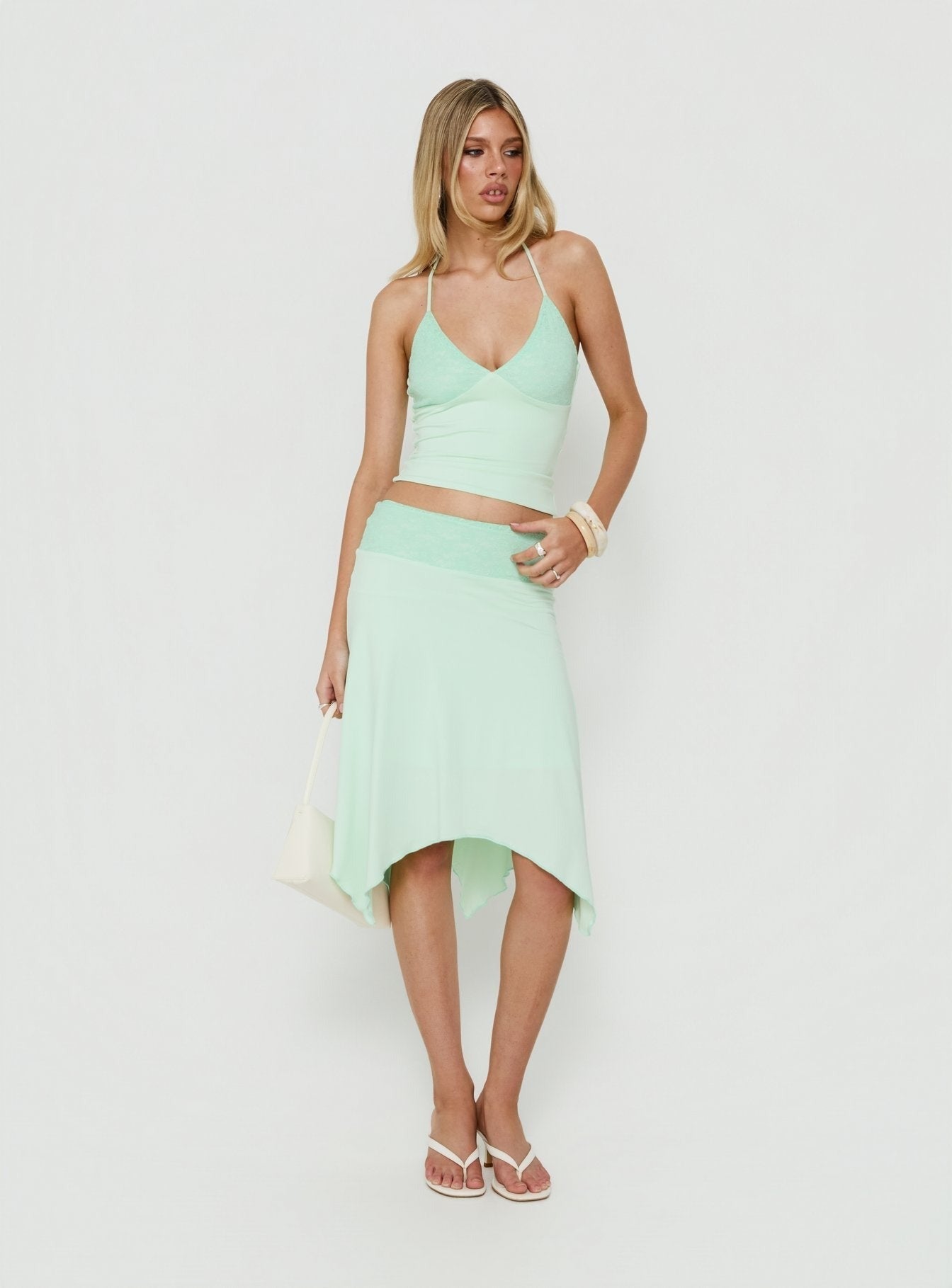 Natabelle Lace Detail Midi Skirt Mint
