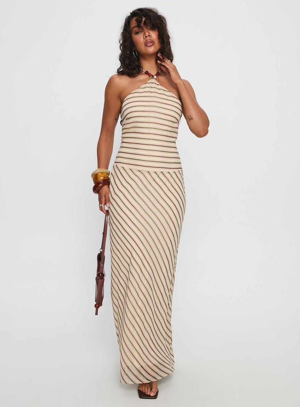Tropeza Beaded Halter Maxi Dress Multi Stripe