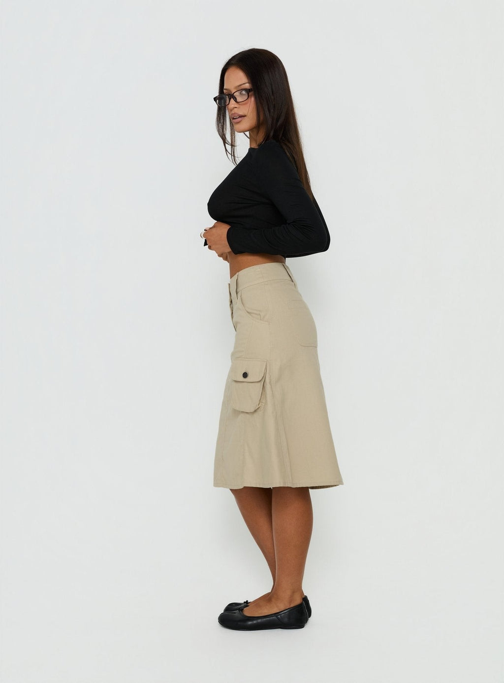 Rovie Twill Cargo Midi Skirt Latte