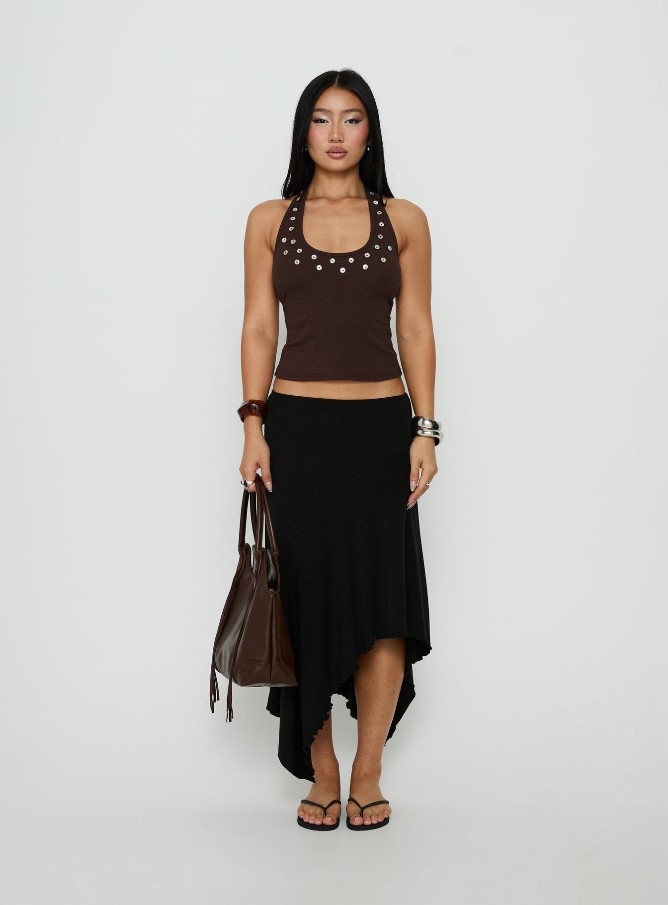 Renara Halter Ribbed Button Top Brown
