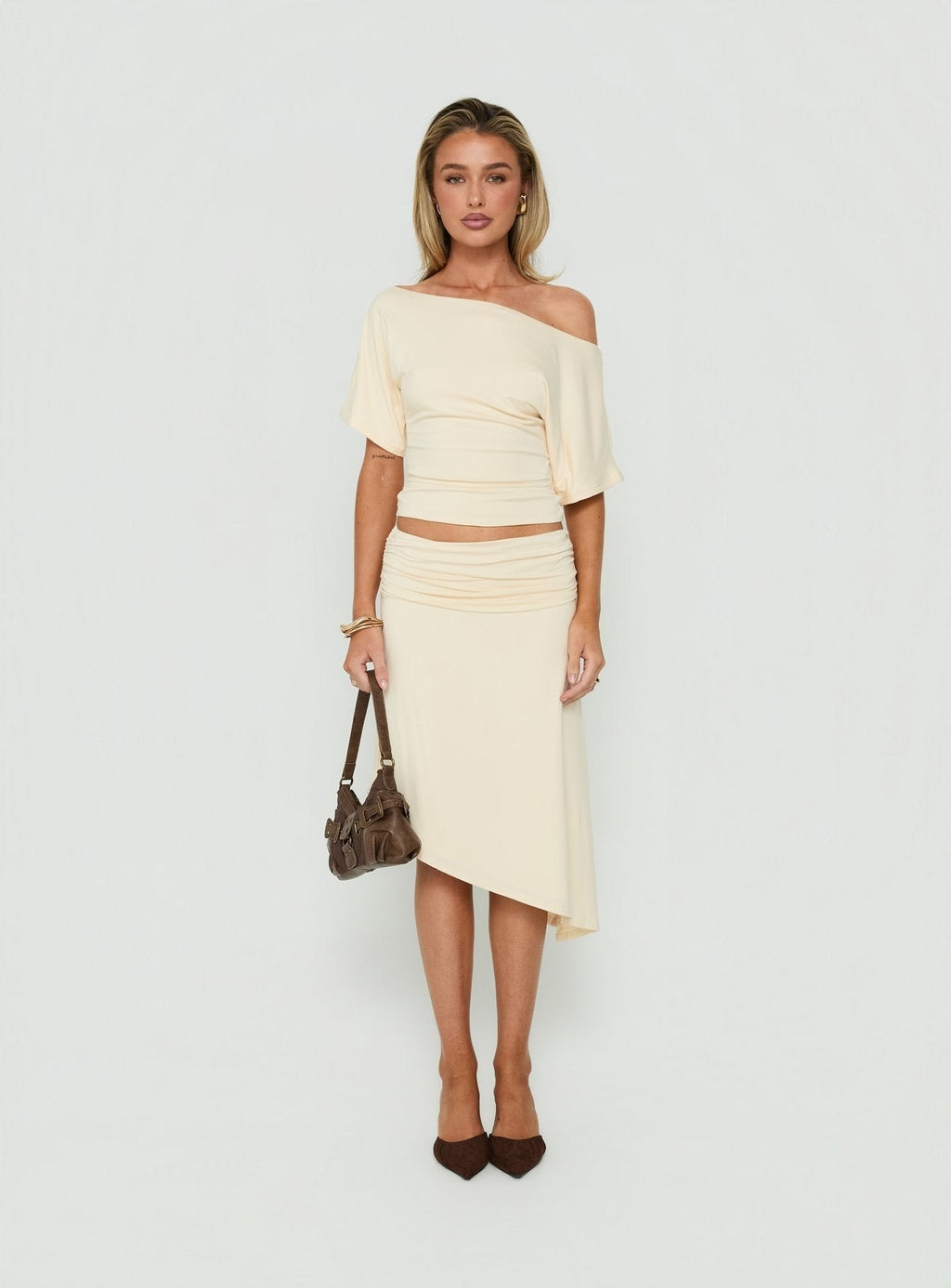 Sezzia Cinched One Shoulder Top Beige