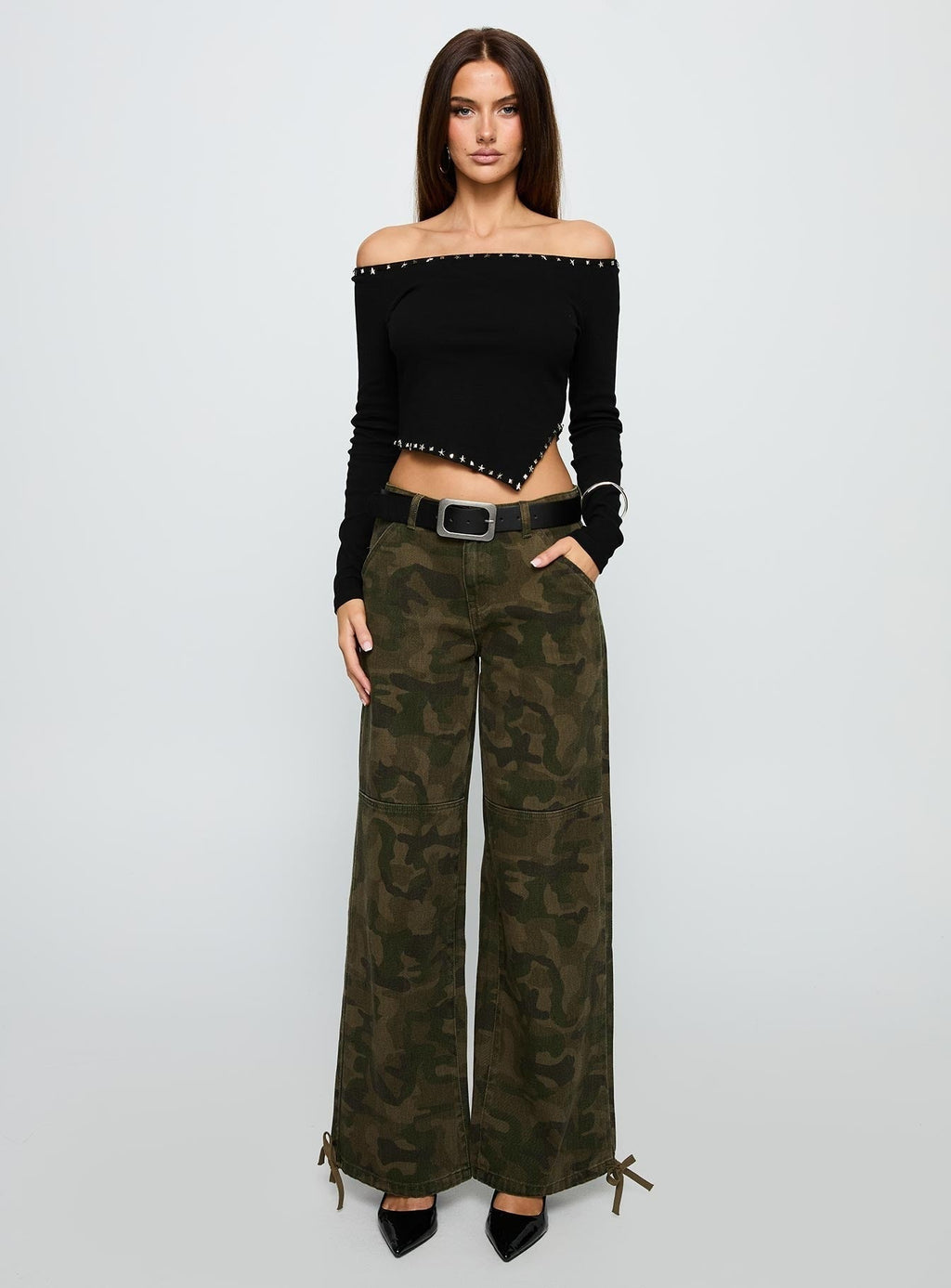 Perfect Cadence Stud Detail Off Shoulder Top Black