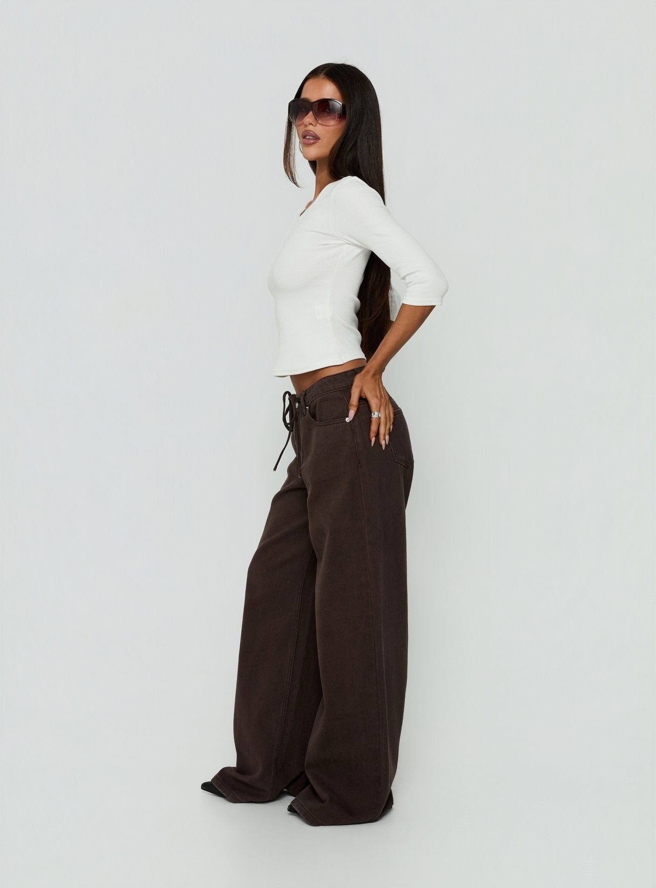 Ramos Low Rise Tie Waist Wide Leg Jeans Washed Chocolate