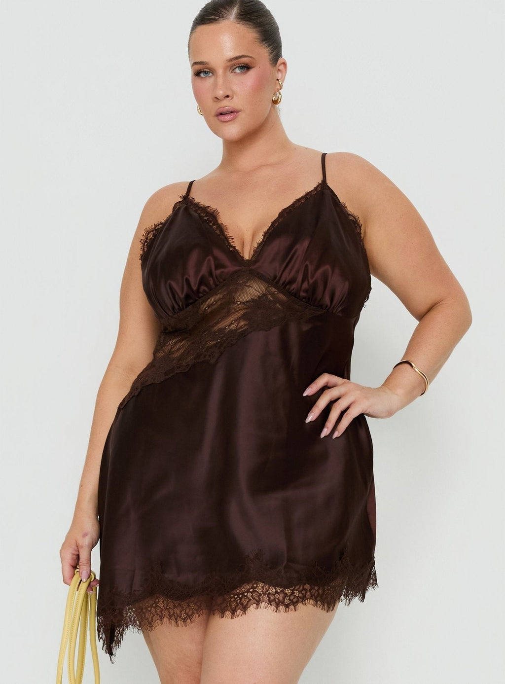 Raines Asymmetrical Lace Mini Dress Brown Curve