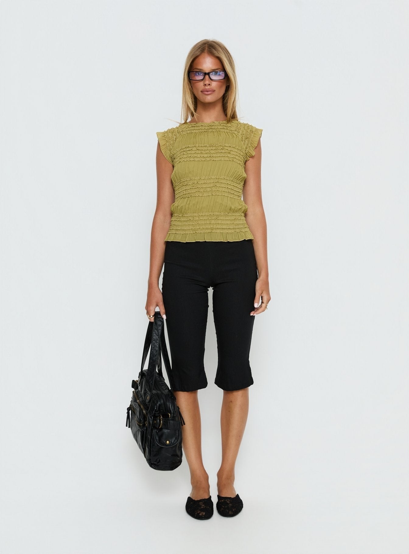 Talyn Cap Sleeve Frill Top Olive