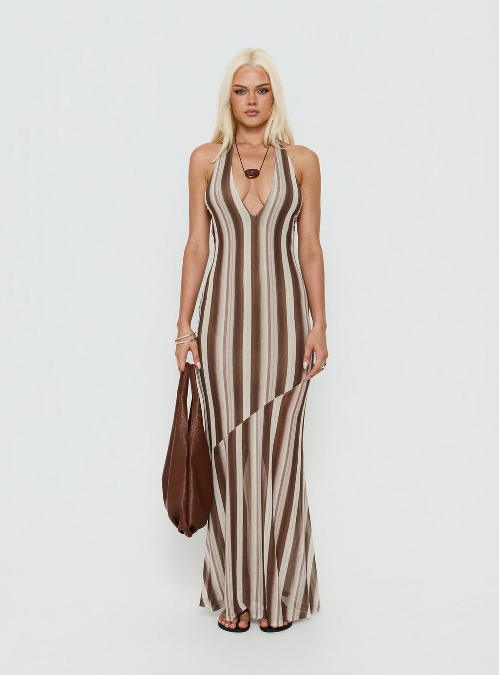 Oralee Halter Sheer Maxi Dress Multi Stripe
