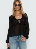 Palapa Tie Detail Sheer Long Sleeve Top Black