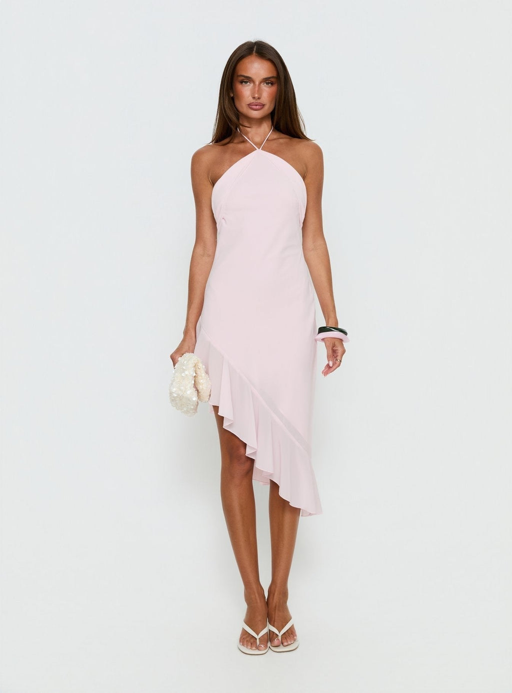 Anakaia Halter Asymmetrical Midi Dress Pink