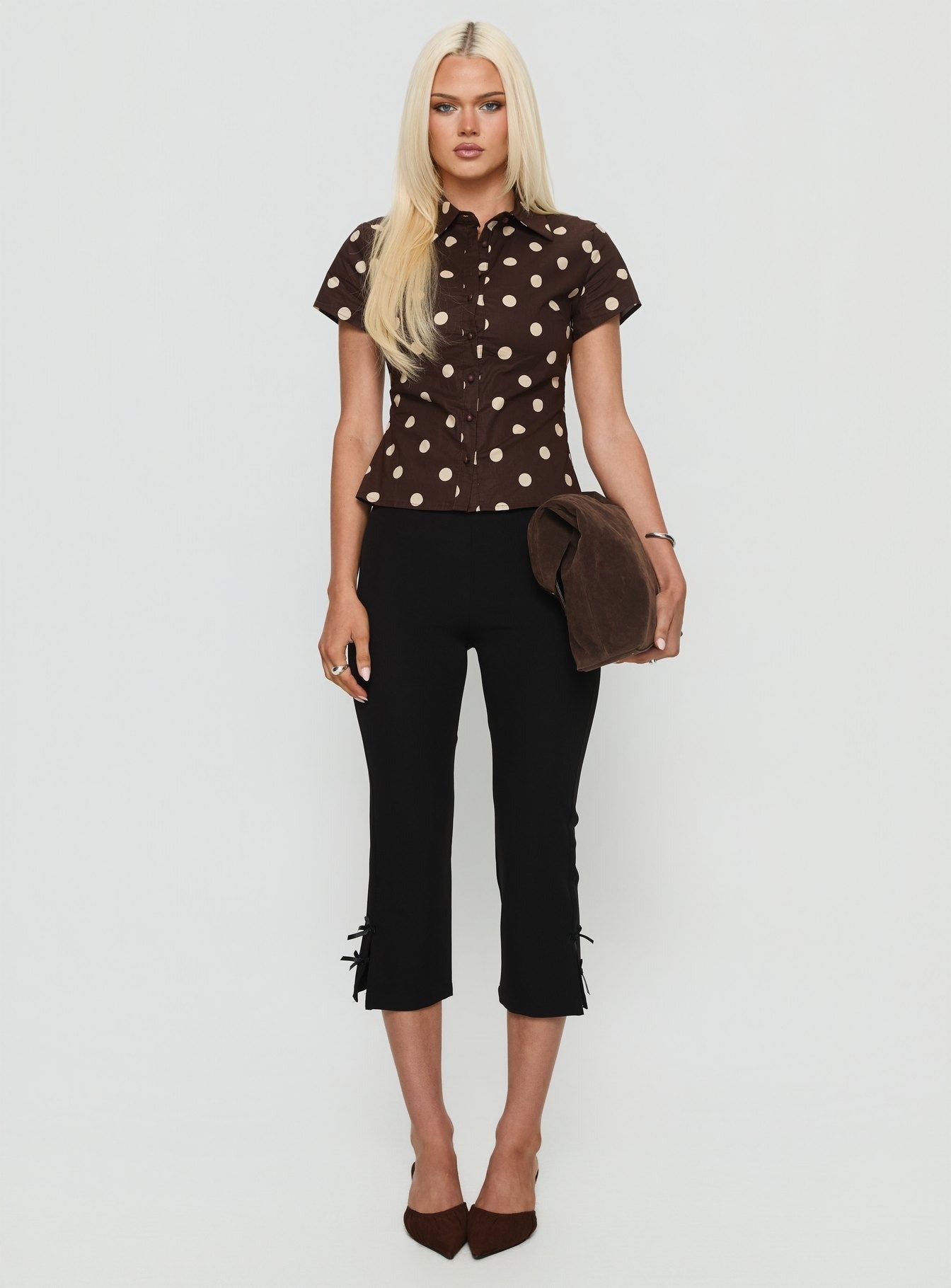 Lift Off Button Up Top Choc / Lemon Polka