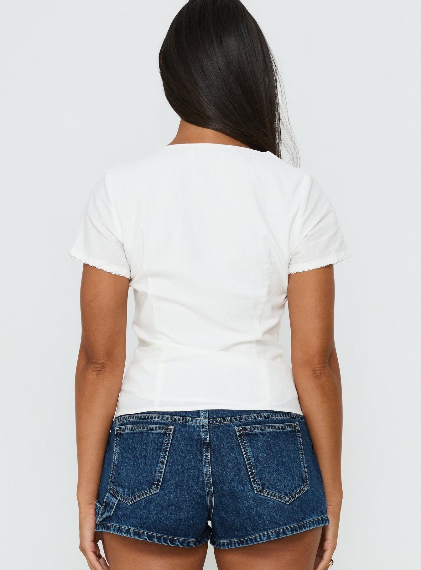 Small Fortune Lace Trim Short Sleeve Blouse Top White