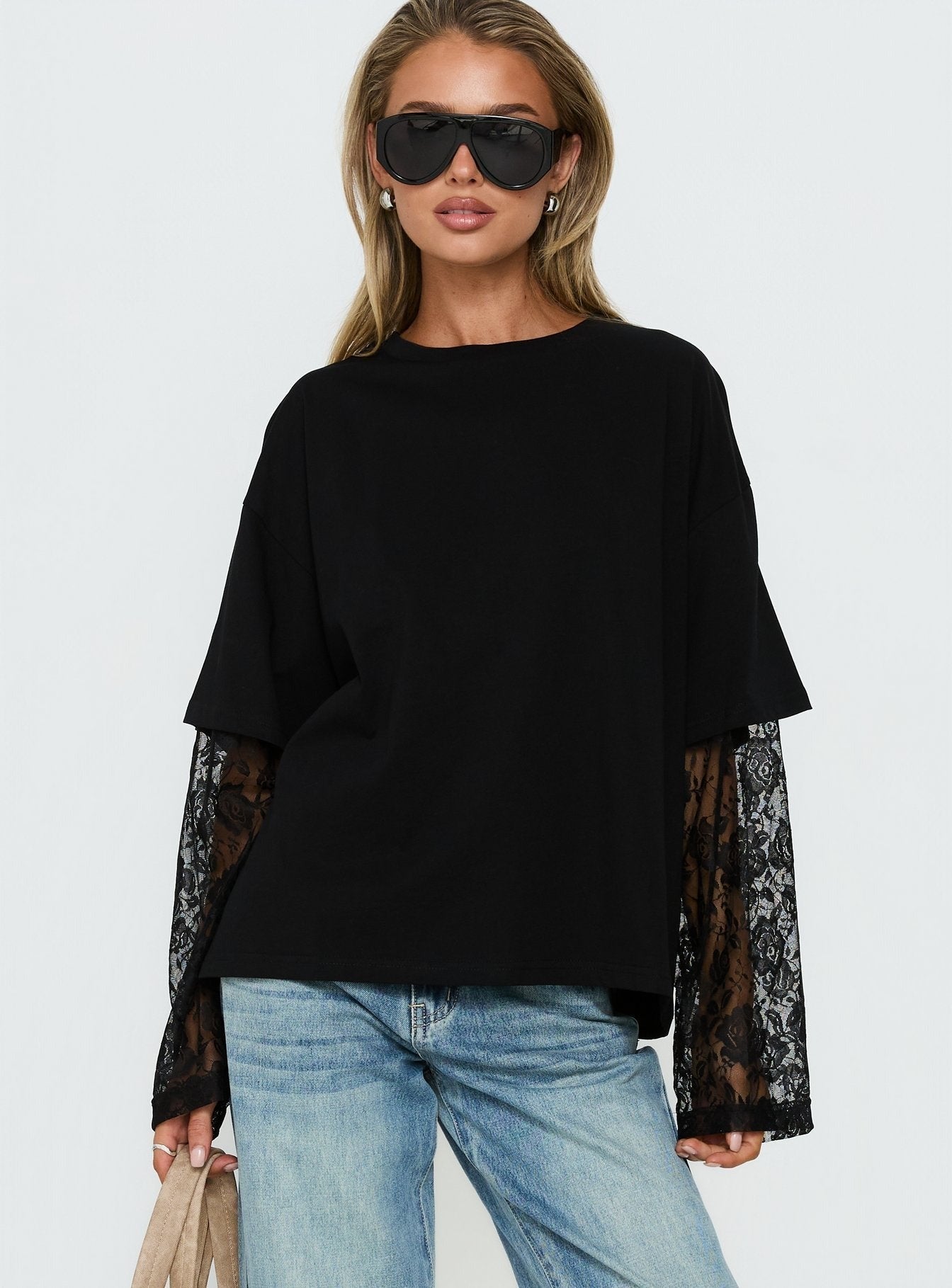 Valenciah Lace Layered Long Sleeve T-Shirt Black