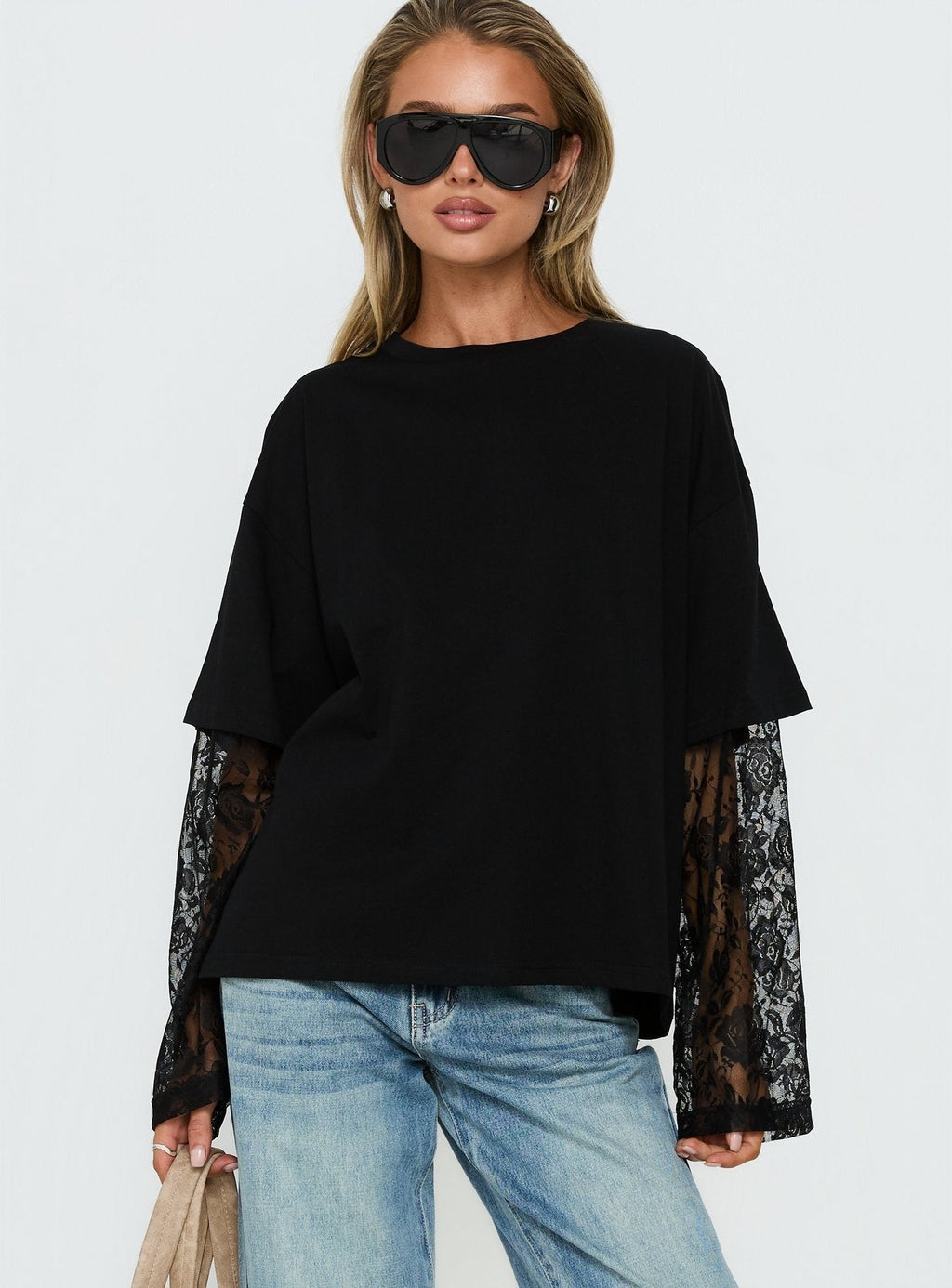 Valenciah Lace Layered Long Sleeve T-Shirt Black