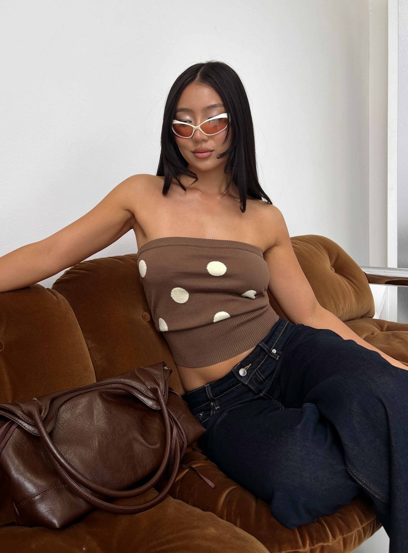 Tahlie Cinched Strapless Knit Top Brown Polka Dot