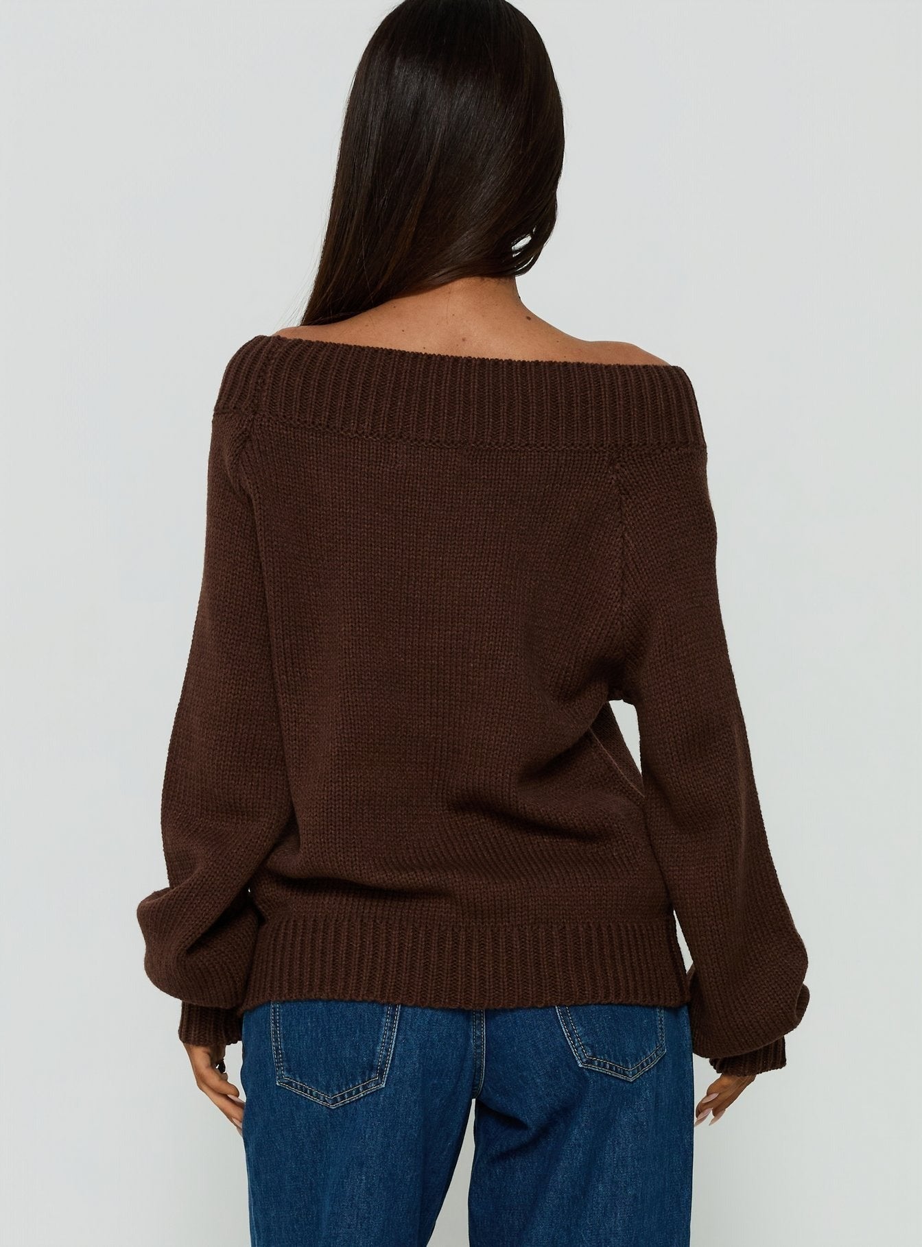 Always Be There Off Shoulder Knit Jumper Brown