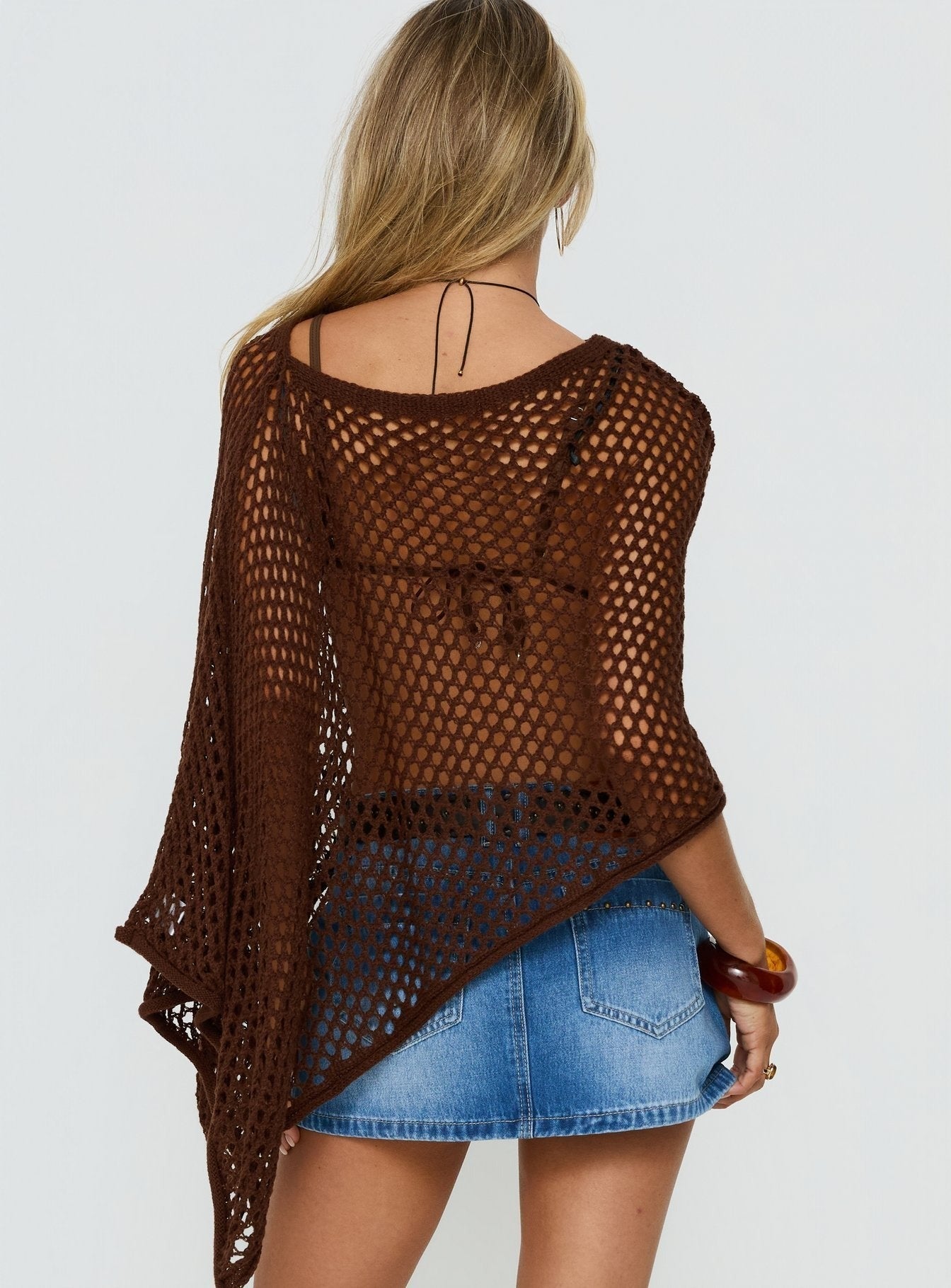 Skylor Sheer Off Shoulder Poncho Brown