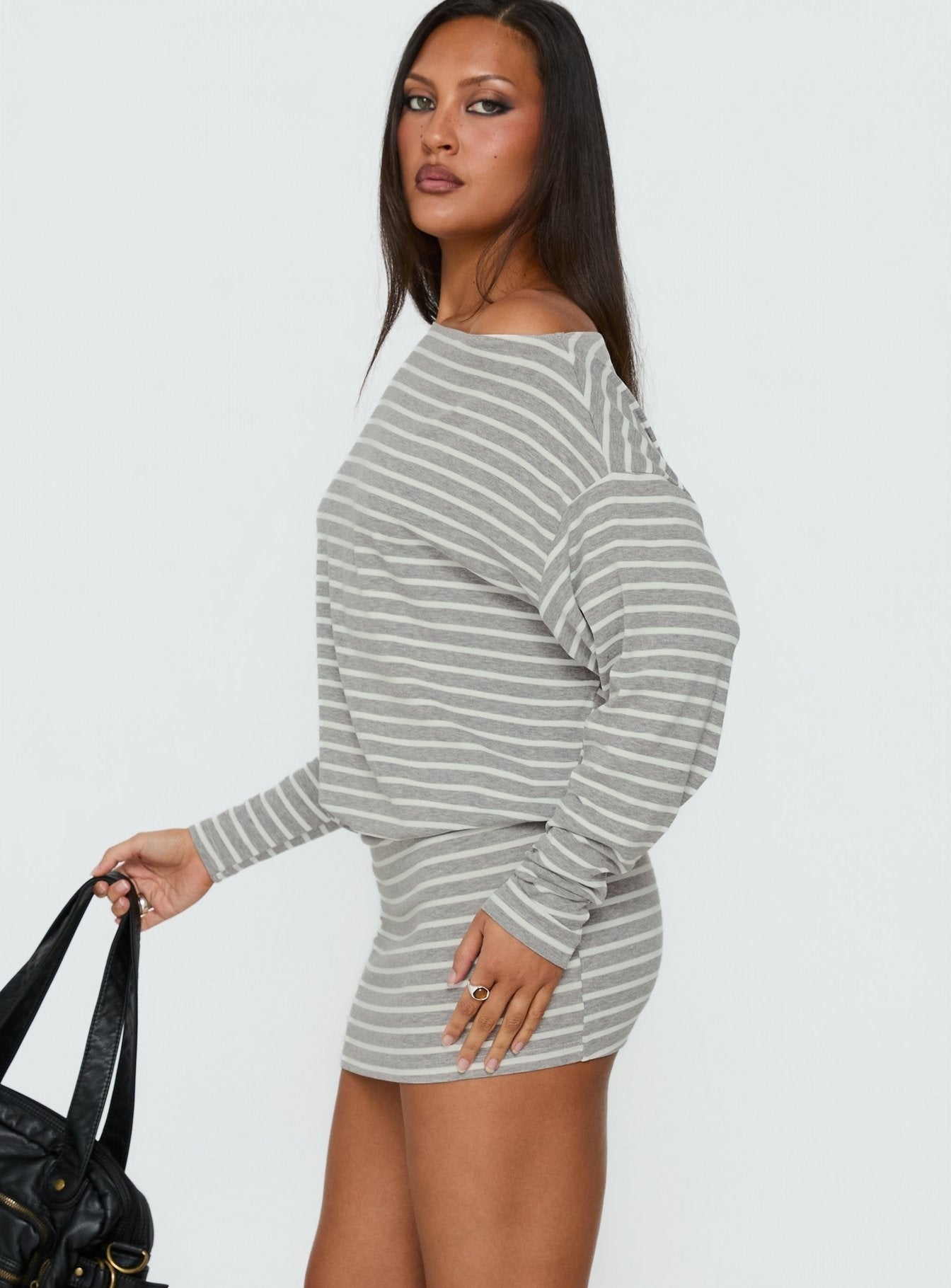 Worlds Away Long Sleeve Blouson Mini Dress Grey / White Stripe