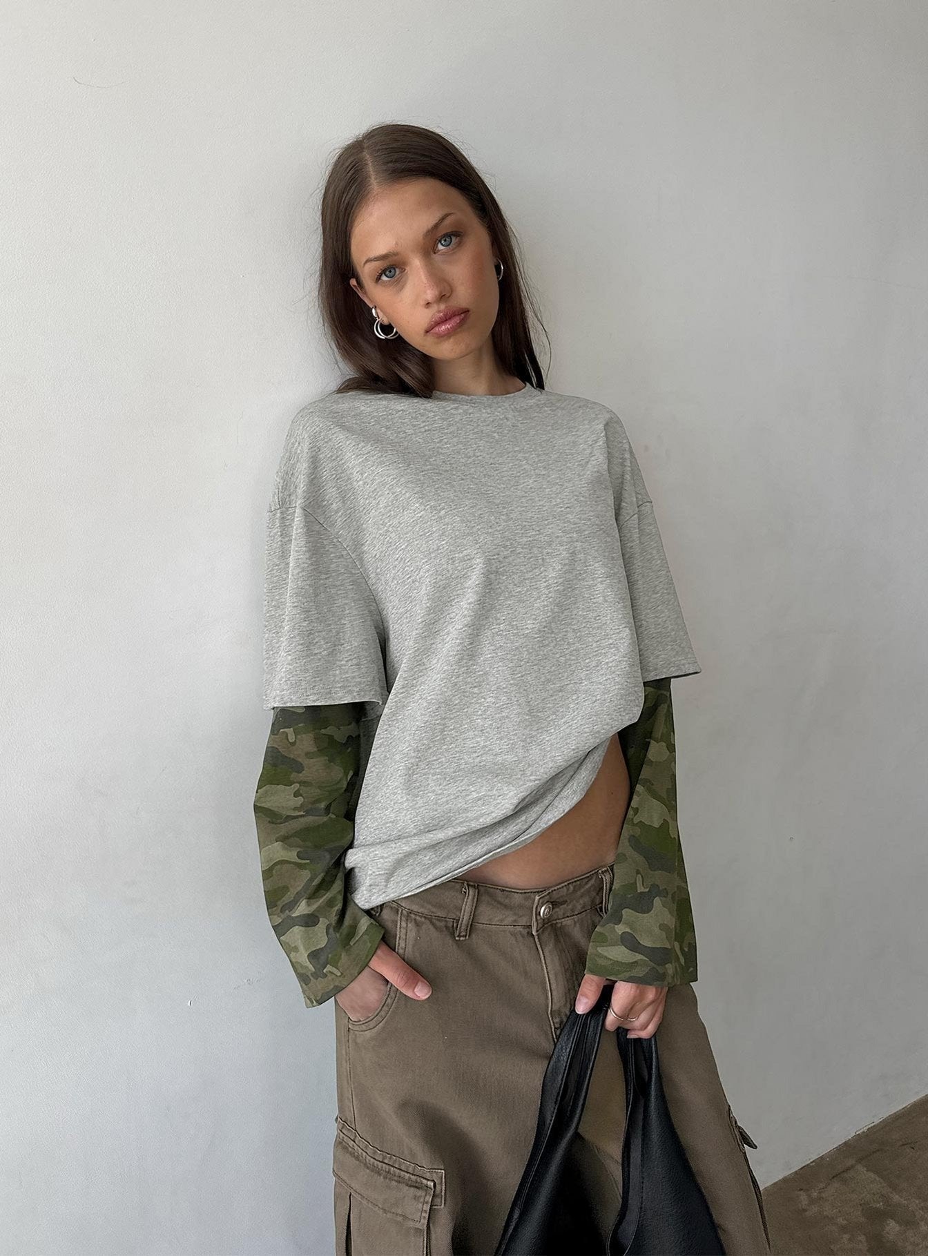 Ryann Long Sleeve Layered Top Grey / Camo