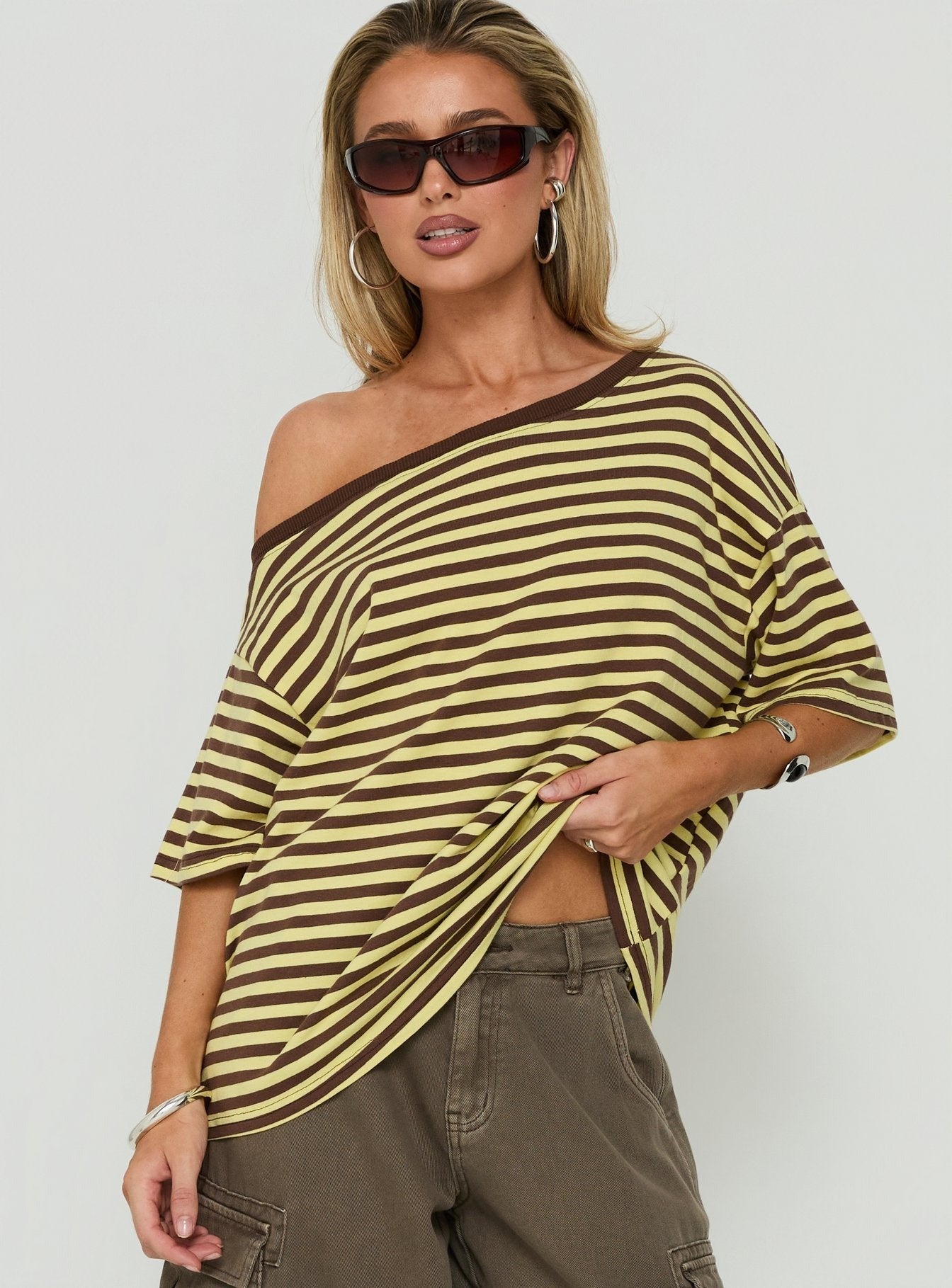 Settle Down One Shoulder Top Yellow / Chocolate Stripe