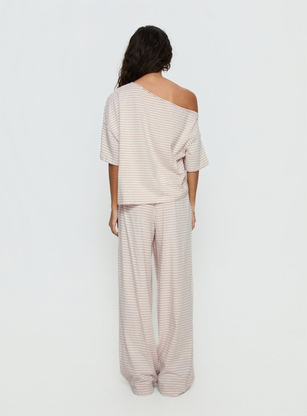 Tobie Off Shoulder Sleep Set Beige Stripe