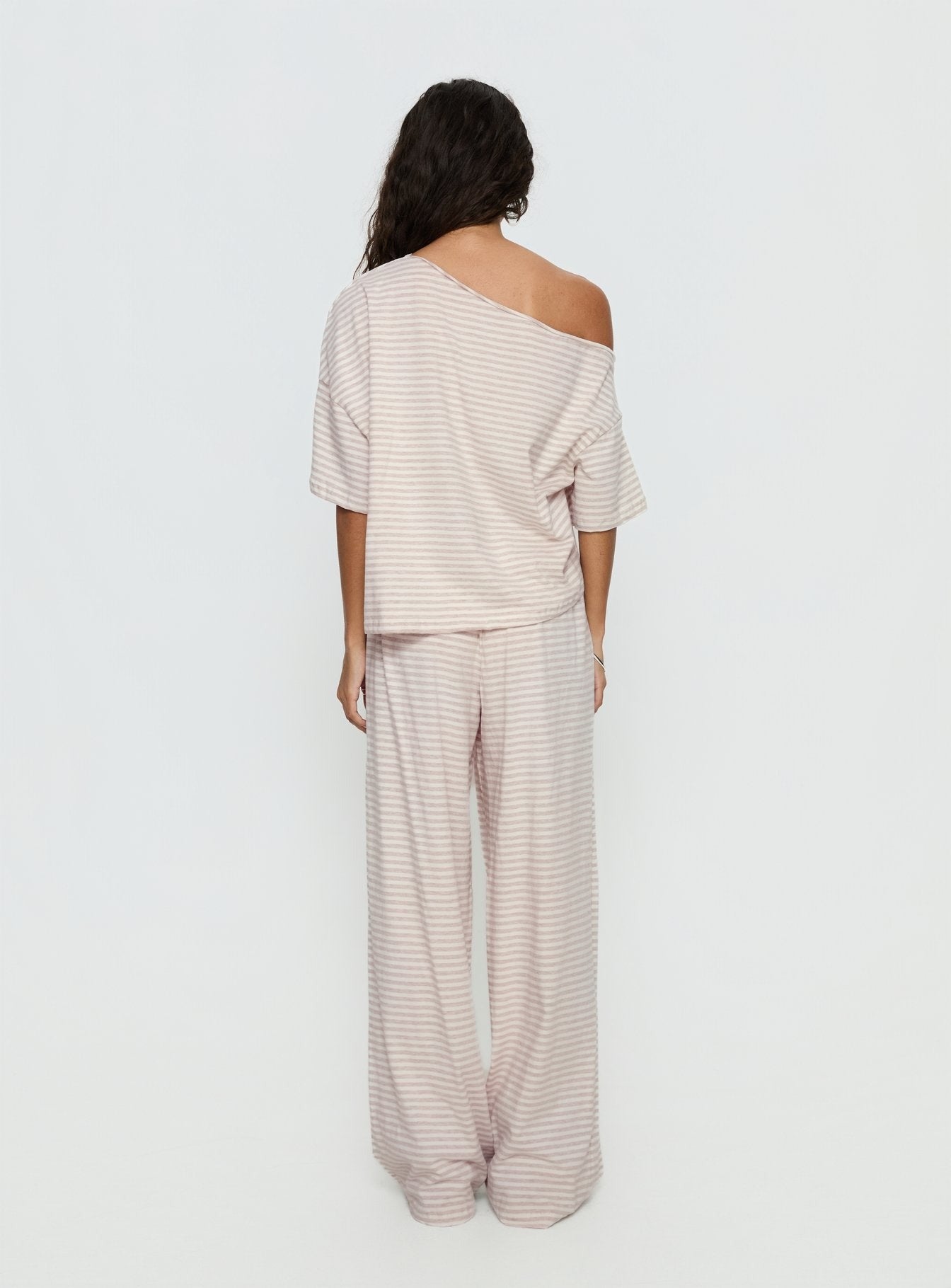 Tobie Off Shoulder Sleep Set Beige Stripe