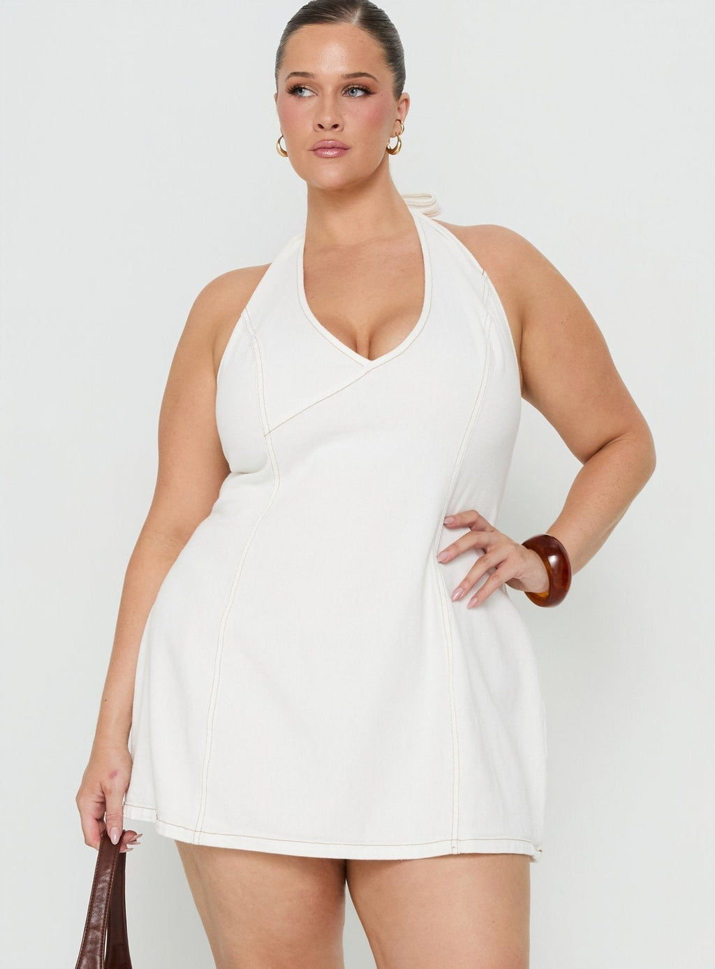 Say Goodnight Denim Halter Mini Dress Cream Curve