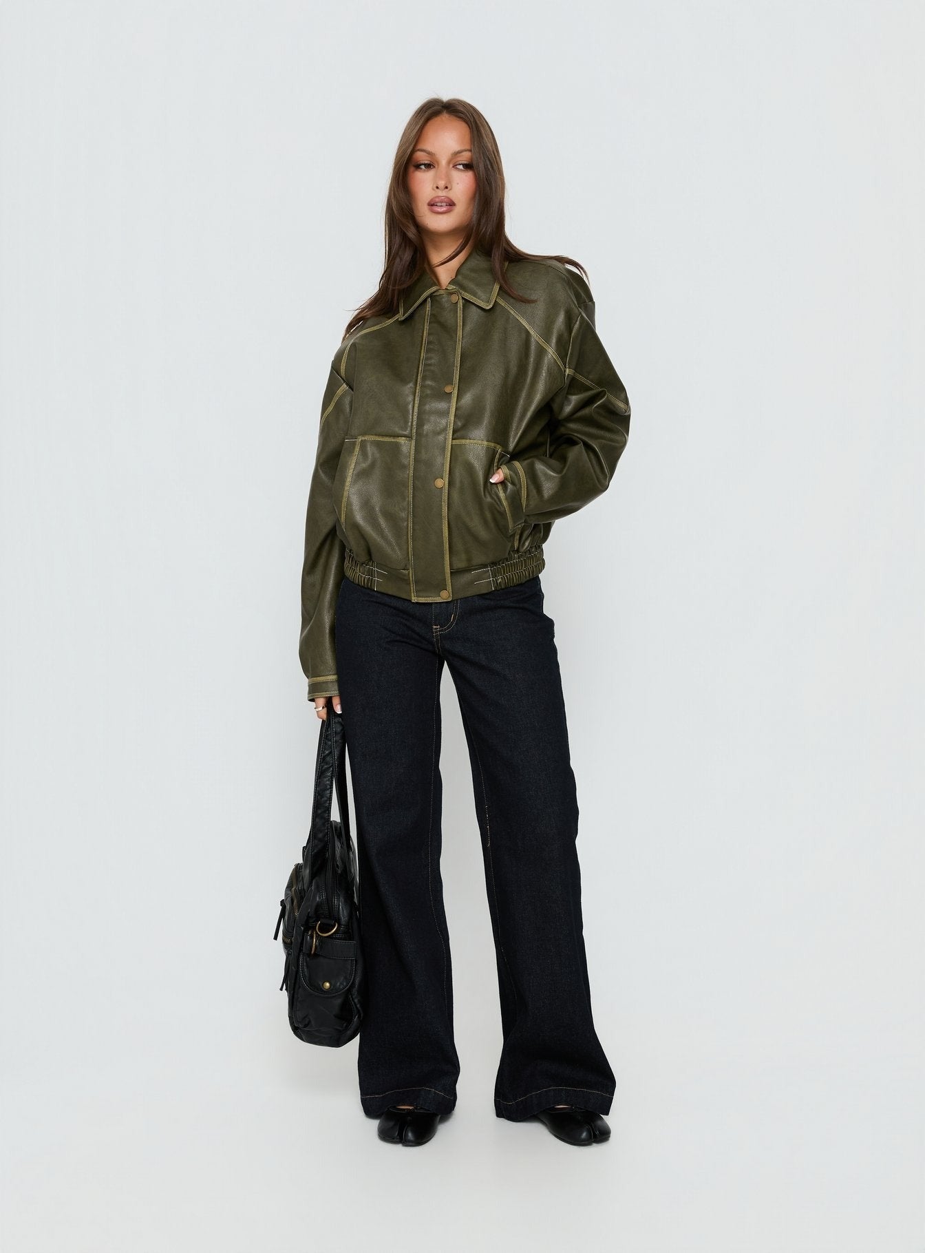 Jaxton Faux Leather Bomber Jacket Olive