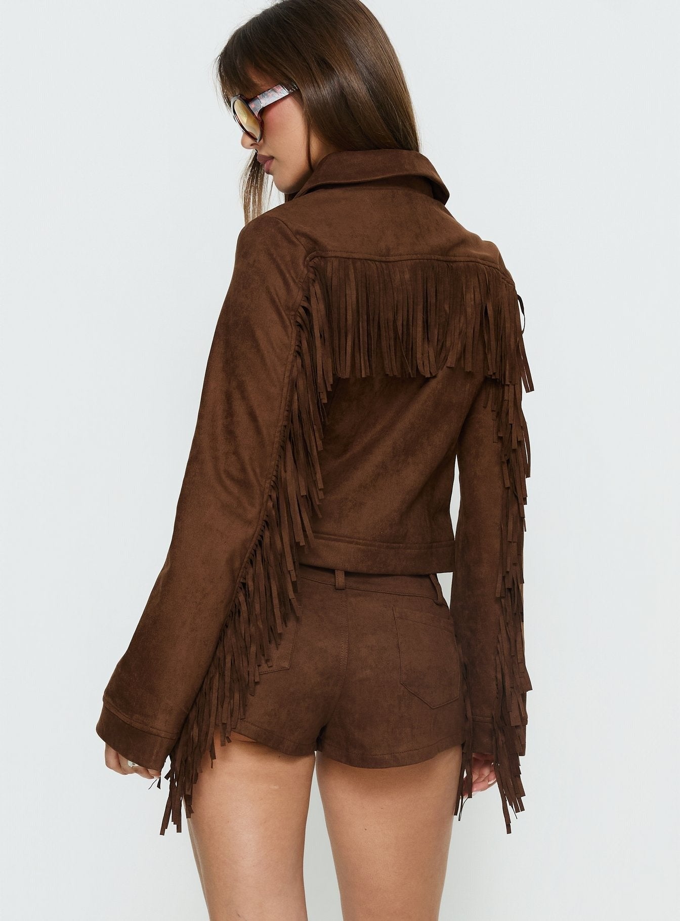Dakohda Faux Suede Fringe Micro Short Chocolate Brown