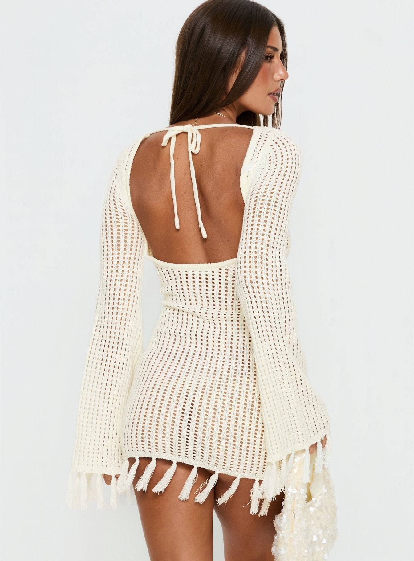 Melosa Long Sleeve Crochet Mini Dress White