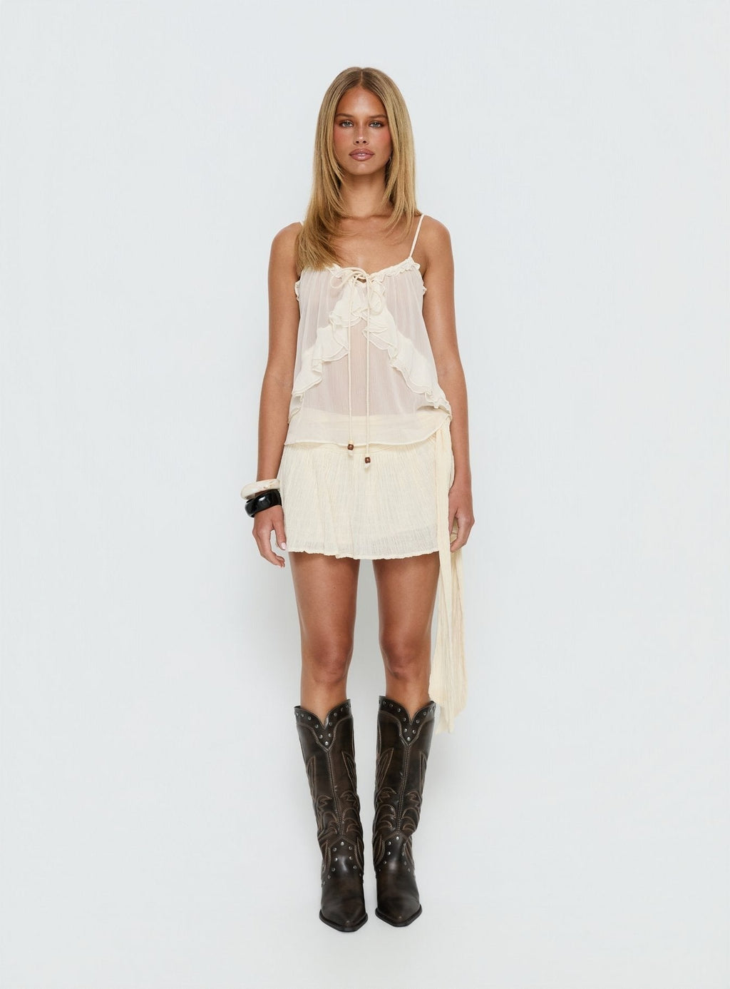Skinny Dipping Ruffle Sheer Top Cream