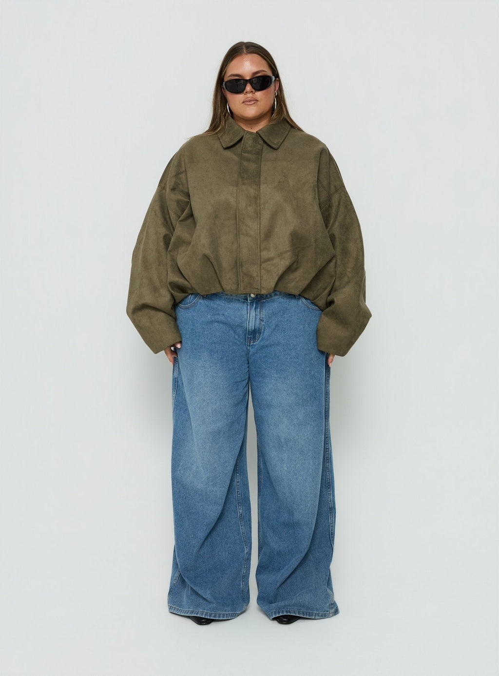 Enlightened Faux Suede Bomber Jacket Khaki Curve