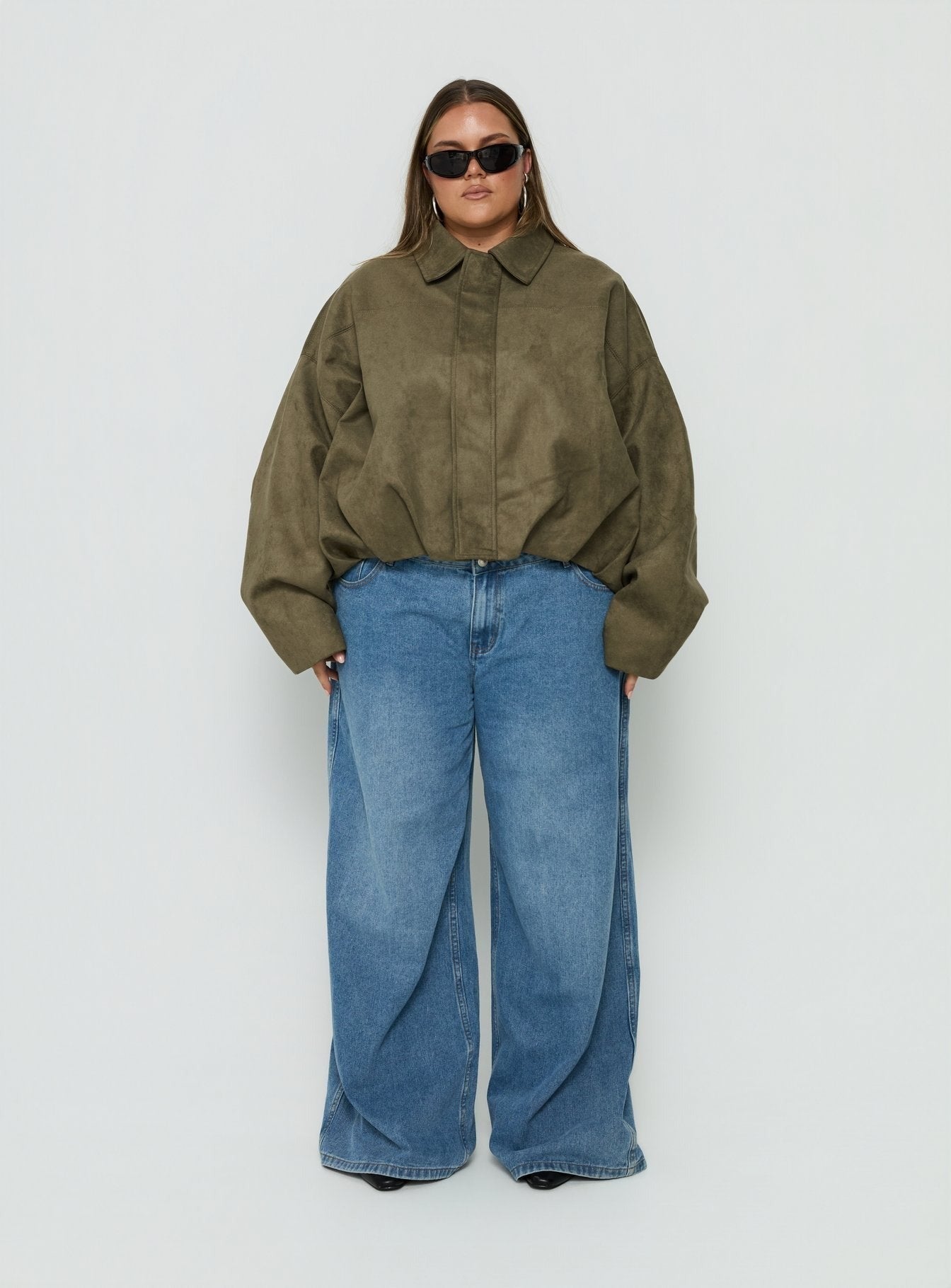 Enlightened Faux Suede Bomber Jacket Khaki Curve