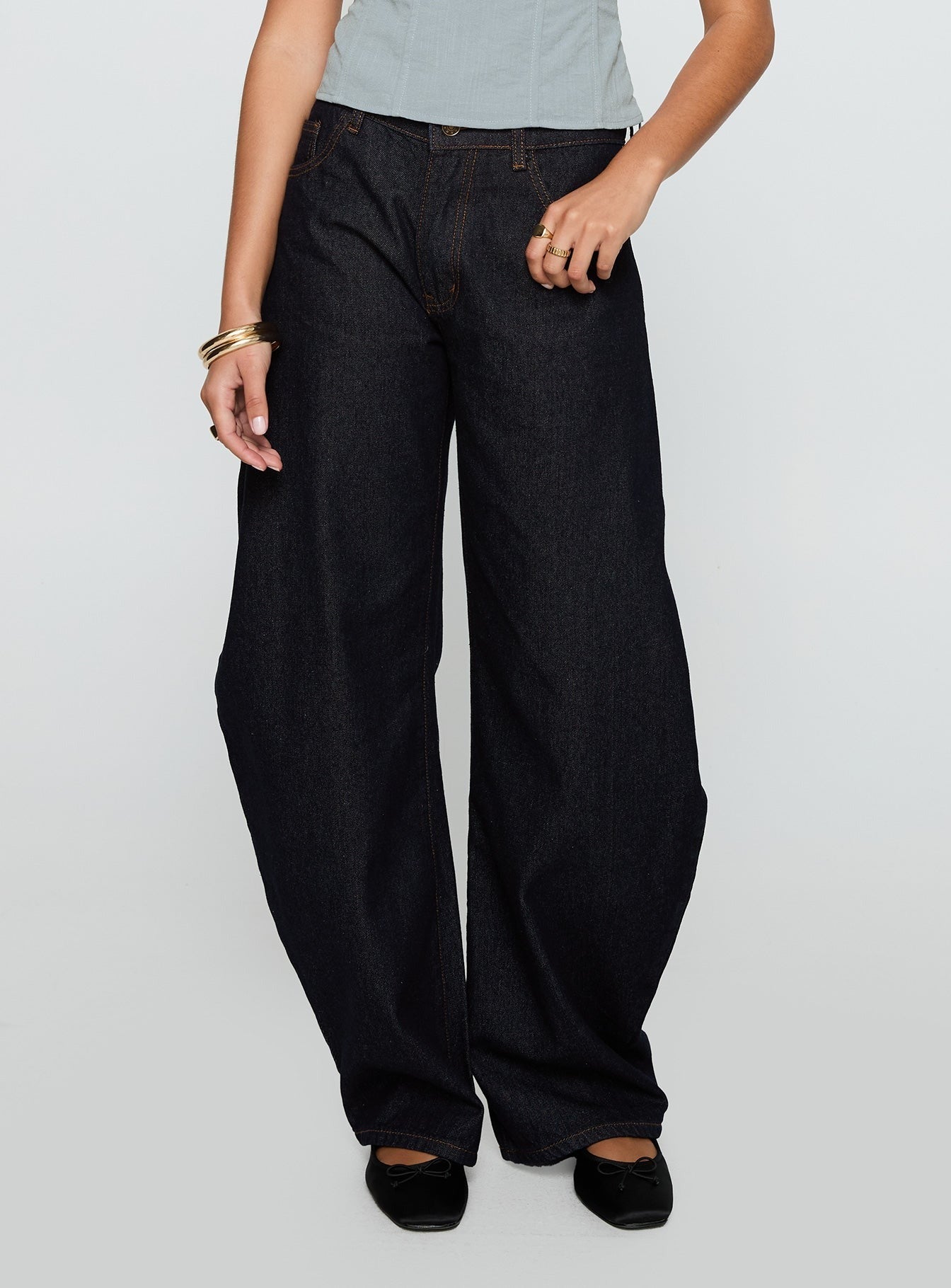 Horseshoe Mid Rise Barrel Leg Jeans Dark Denim