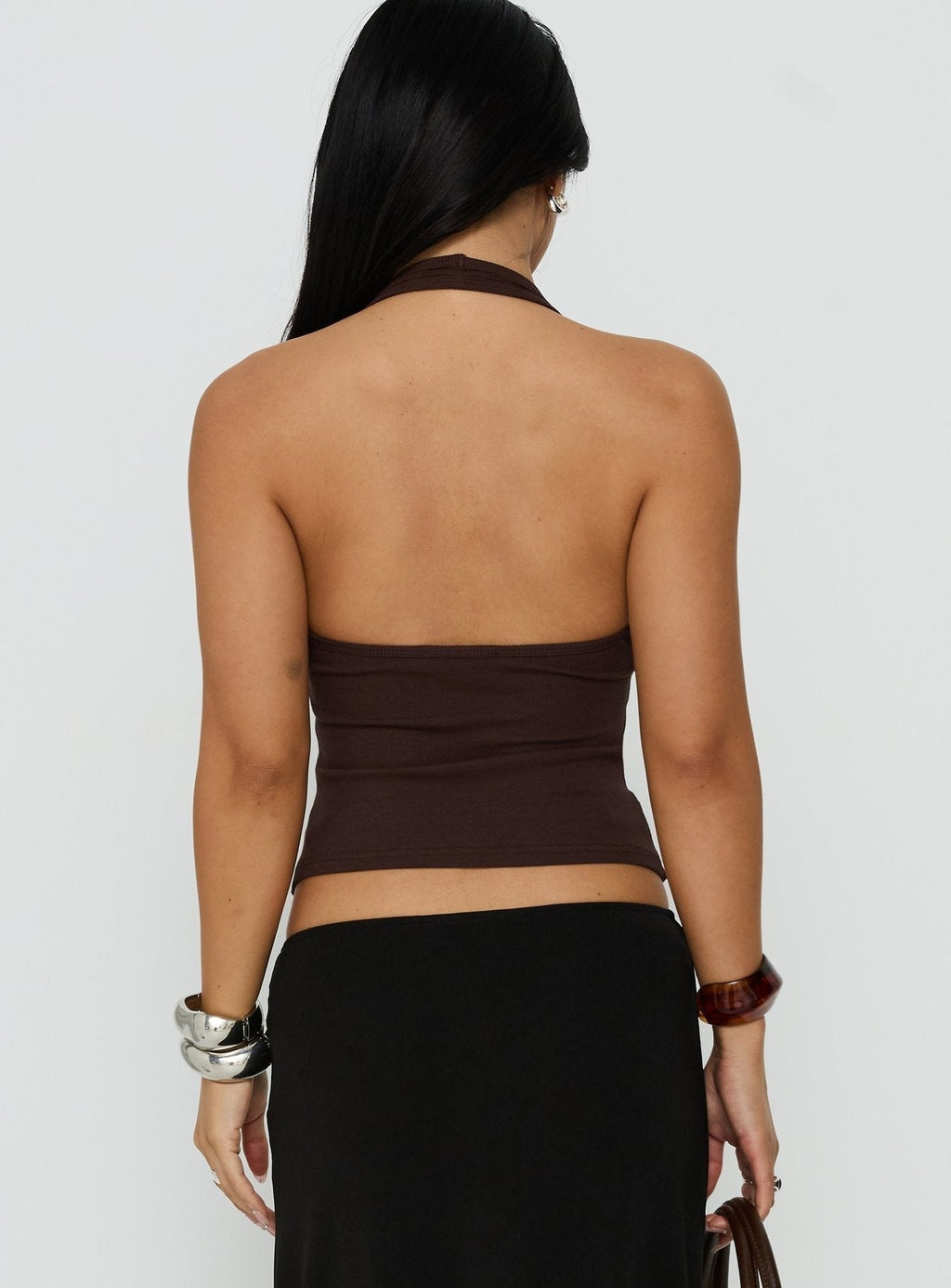 Renara Halter Ribbed Button Top Brown