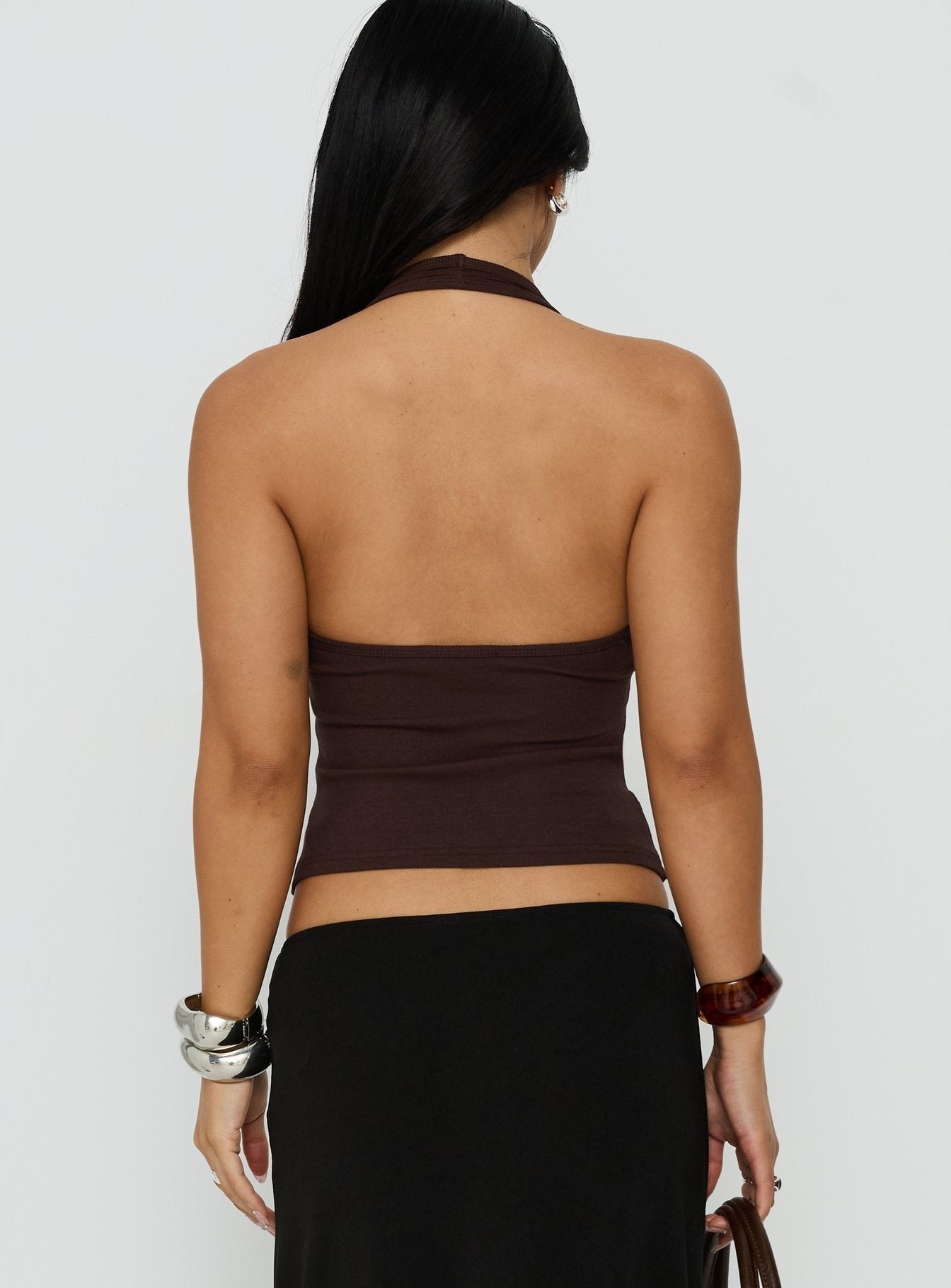 Renara Halter Ribbed Button Top Brown