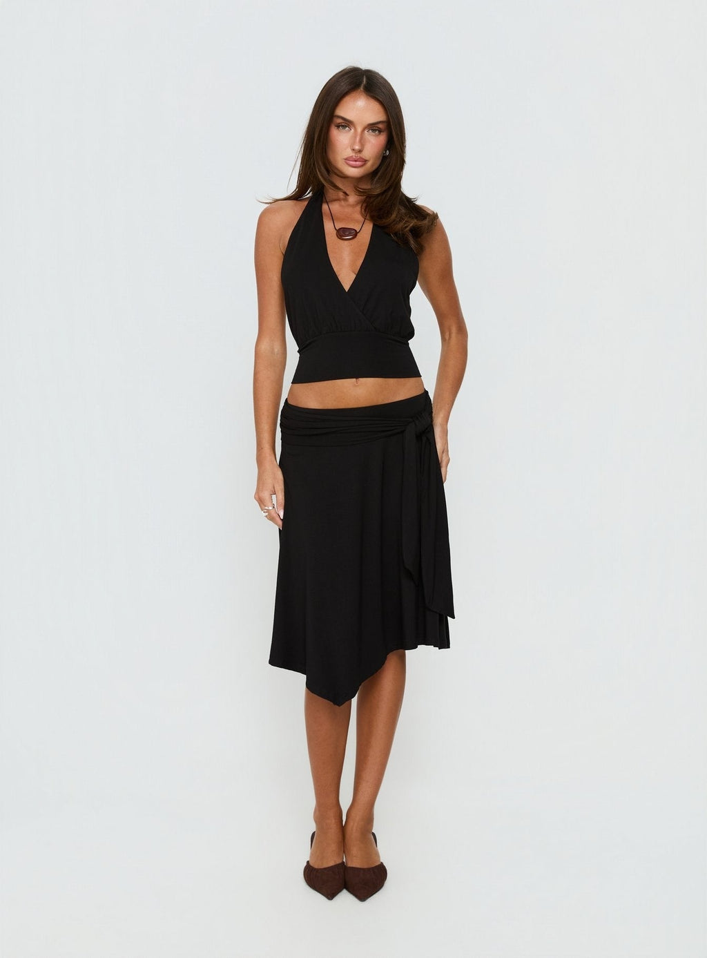 Soft Focus Tie Waist Midi Skirt Black