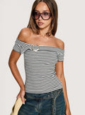 Kiela Off Shoulder Hardware Detail Top Grey / White Stripe