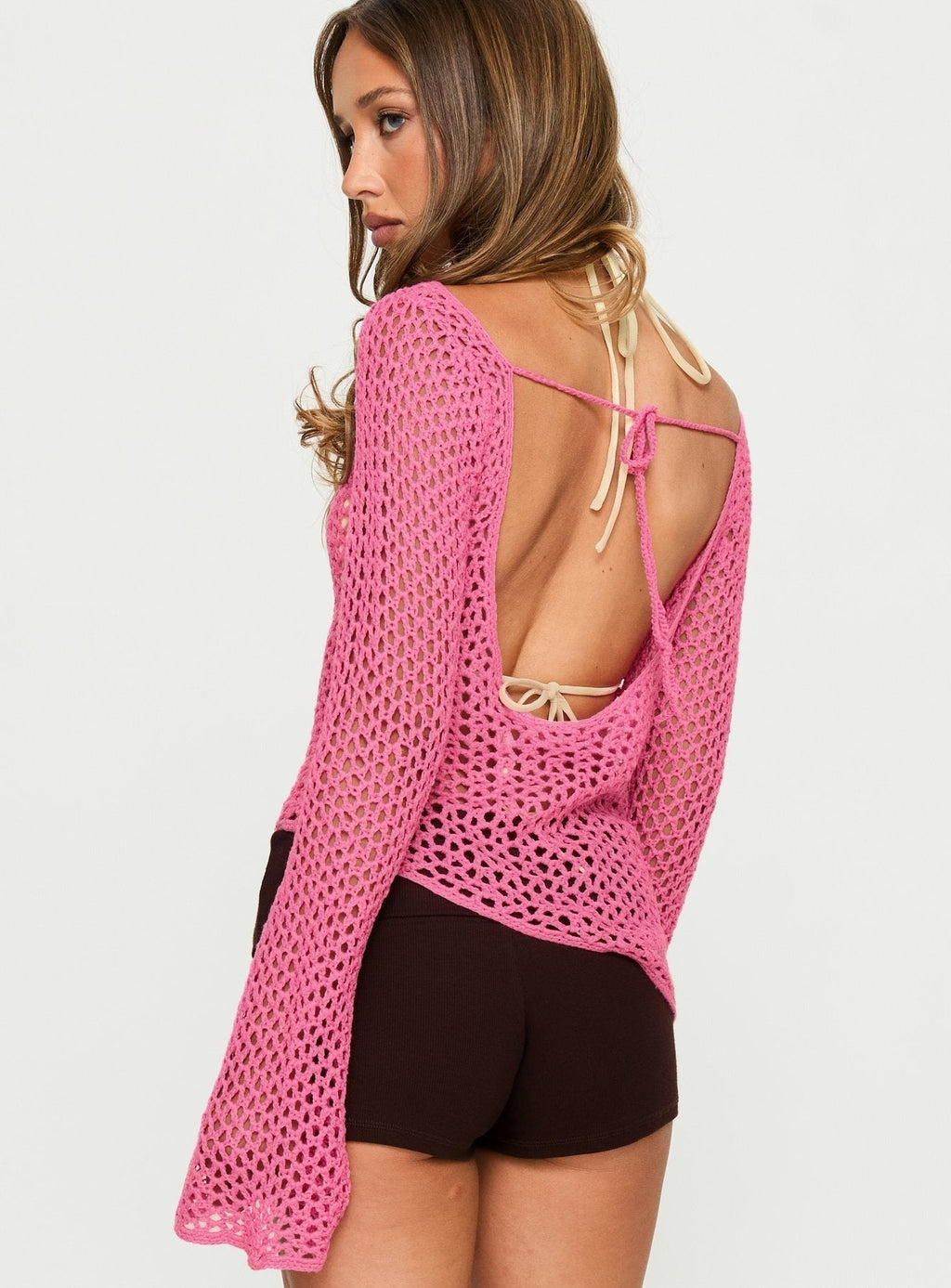 Majestica Long Sleeve Crochet Jumper Pink