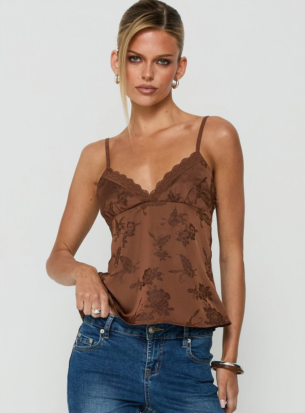 Had Me At Hello Lace Trim Floral Detail Top Chocolate