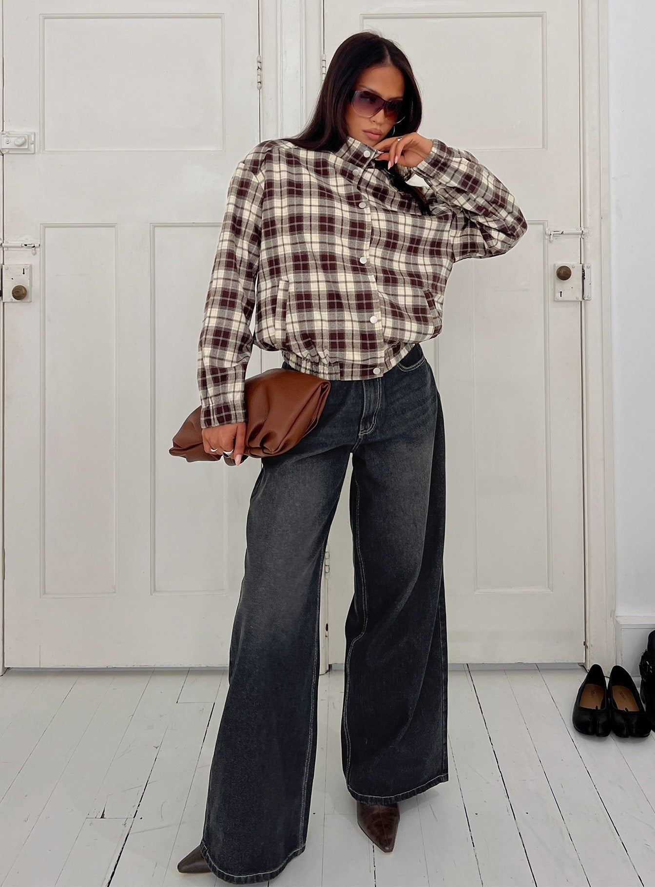 Khodana Funnel Neck Button Down Jacket Brown Check