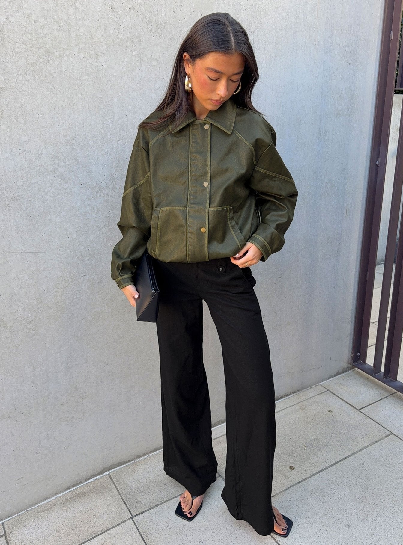 Jaxton Faux Leather Bomber Jacket Olive