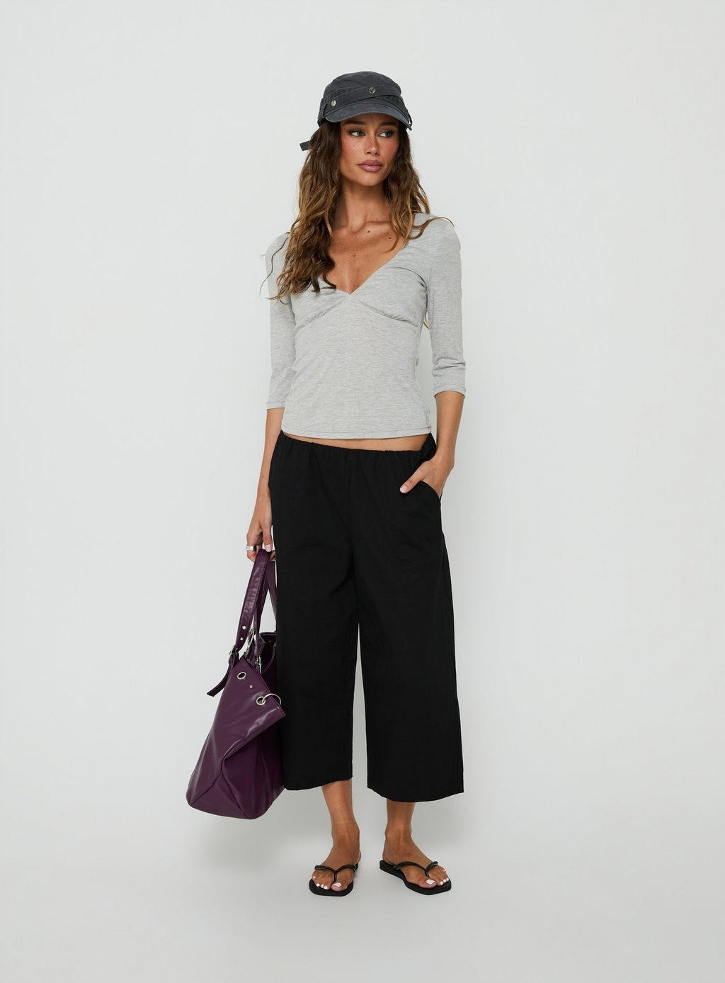 Back To Friends V Neck 3/4 Sleeve Top Grey Marle