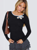 Double Back Floral Cut Out Long Sleeve Top Black
