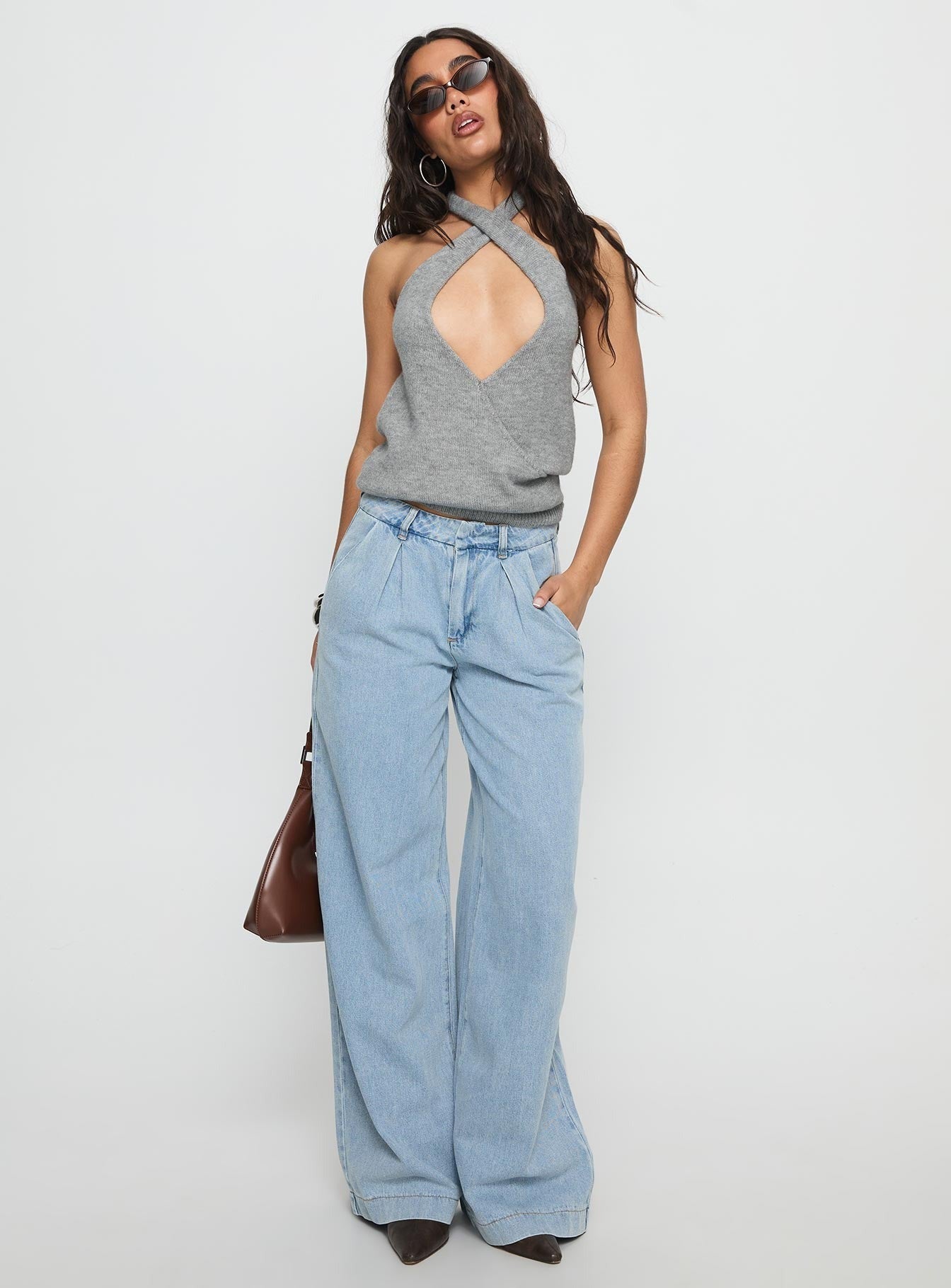 Dream Hour Cross Front Halter Top Grey