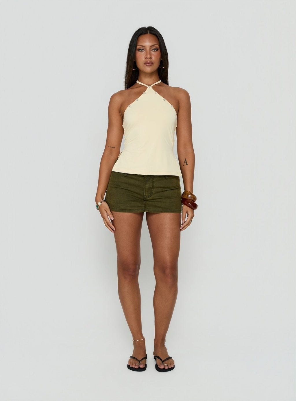 Eiva Arrowneck Button Detail Top Lemon
