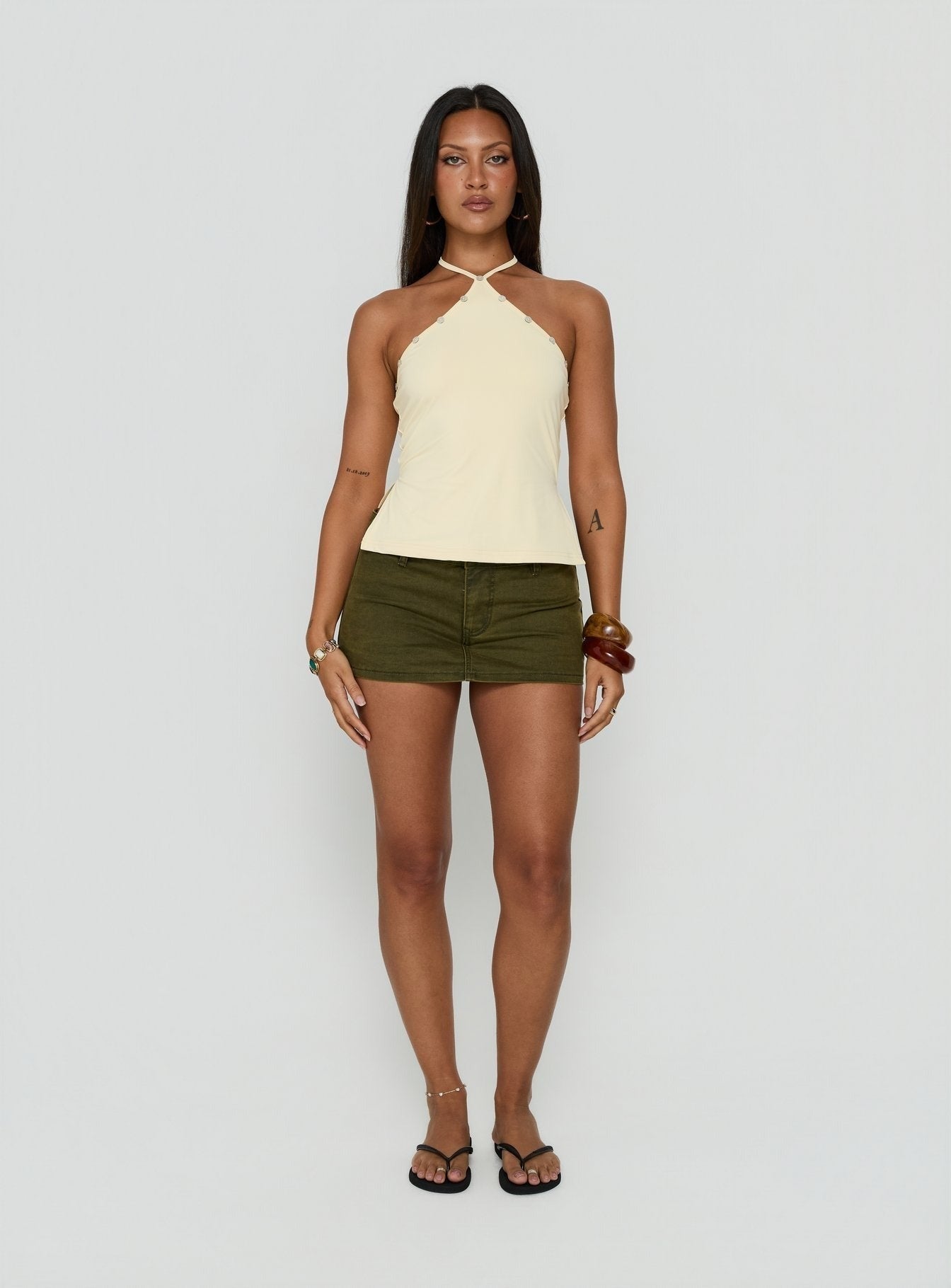 Eiva Arrowneck Button Detail Top Lemon