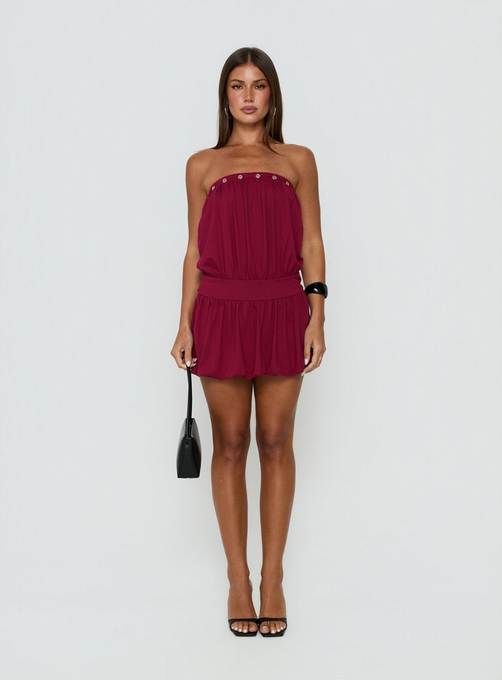 Lenika Eyelet Strapless Mini Dress Burgundy
