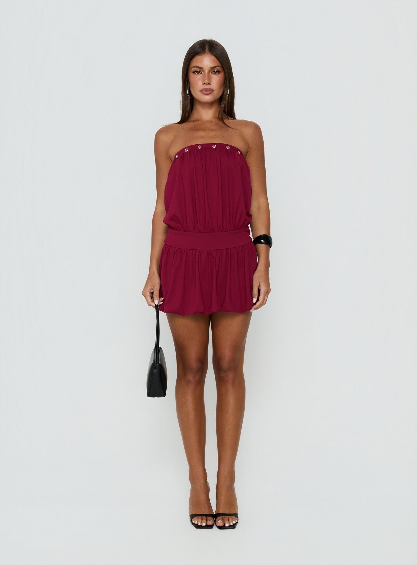 Lenika Eyelet Strapless Mini Dress Burgundy