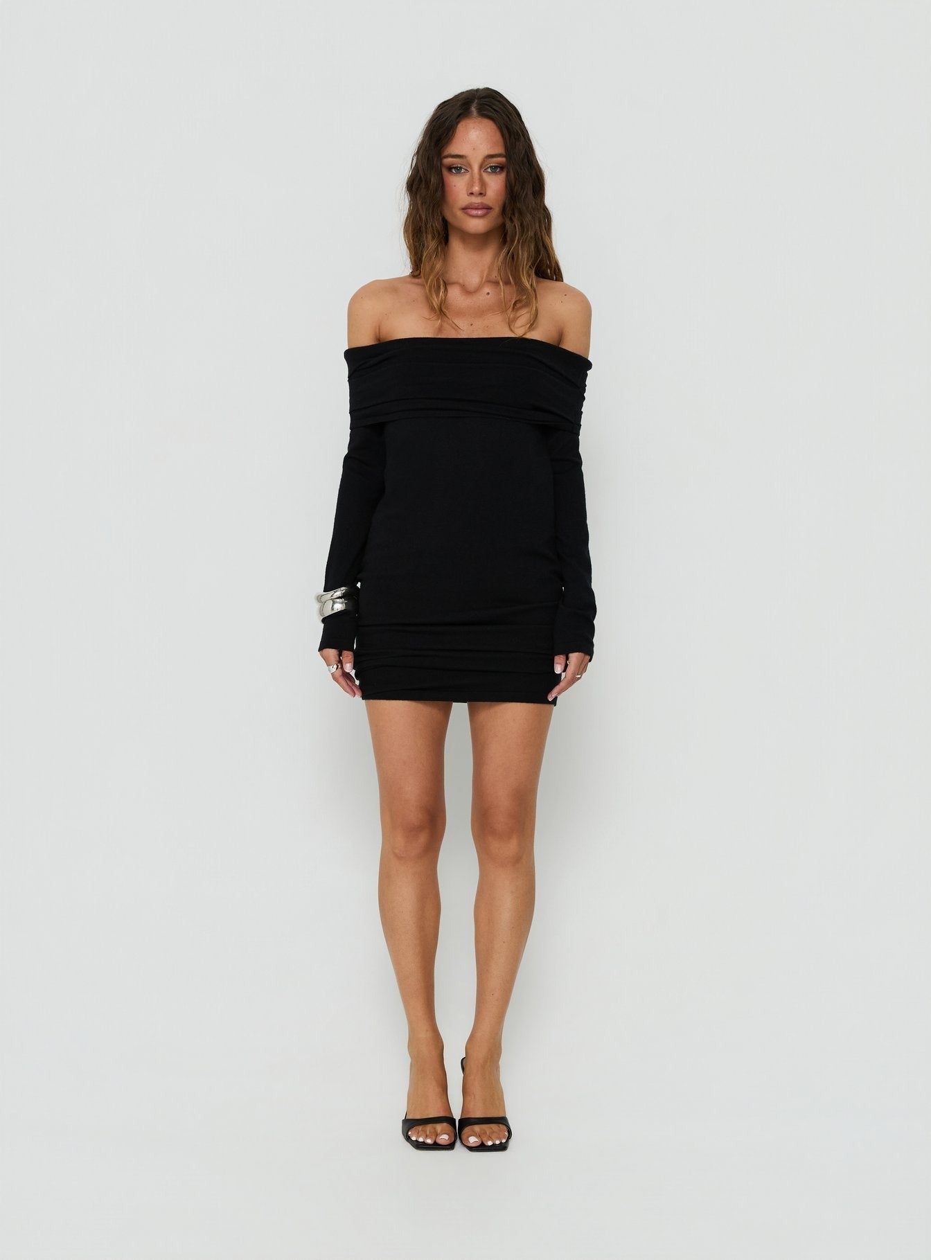 Floreana Off Shoulder Long Sleeve Mini Dress Black