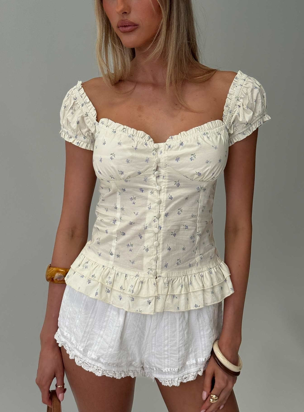 Suiter Frill Detail Top Cream Floral