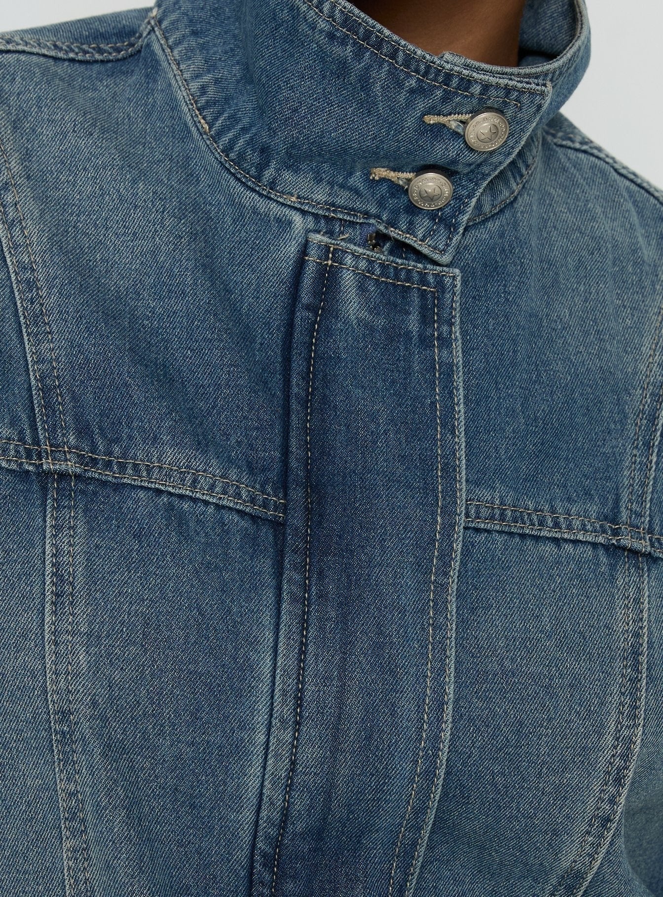 Alfea Funnel Neck Denim Bomber Jacket Mid Blue Wash